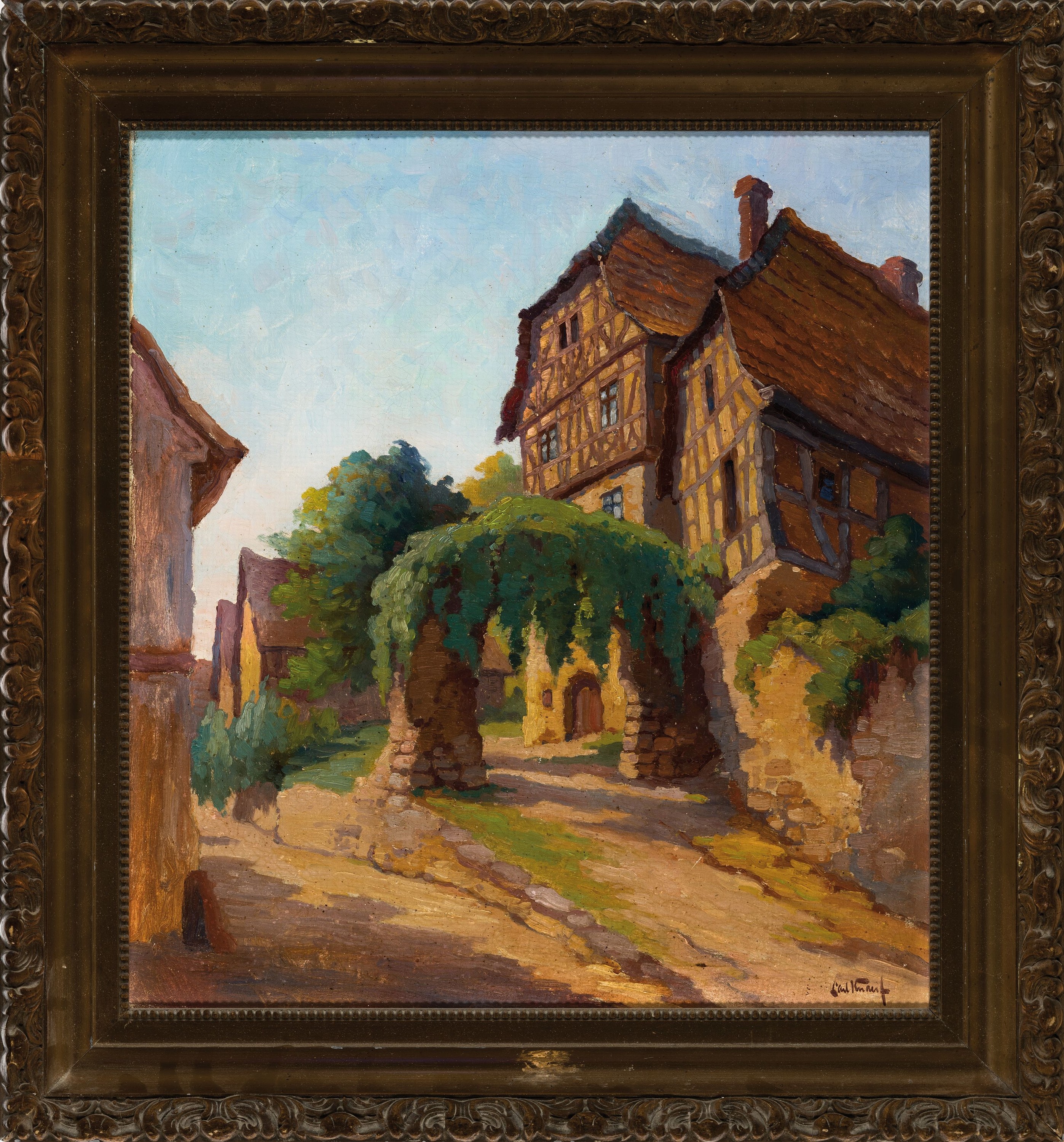 Detail k: Carl Knauf, 1867 Bad Godesberg-1944 Nidden, Blick auf ein Fachwerkhaus mit bewachsenem Torbogen, Öl/Lwd, rechts unten sign., ca. 56x 50cm, R. ca. ...