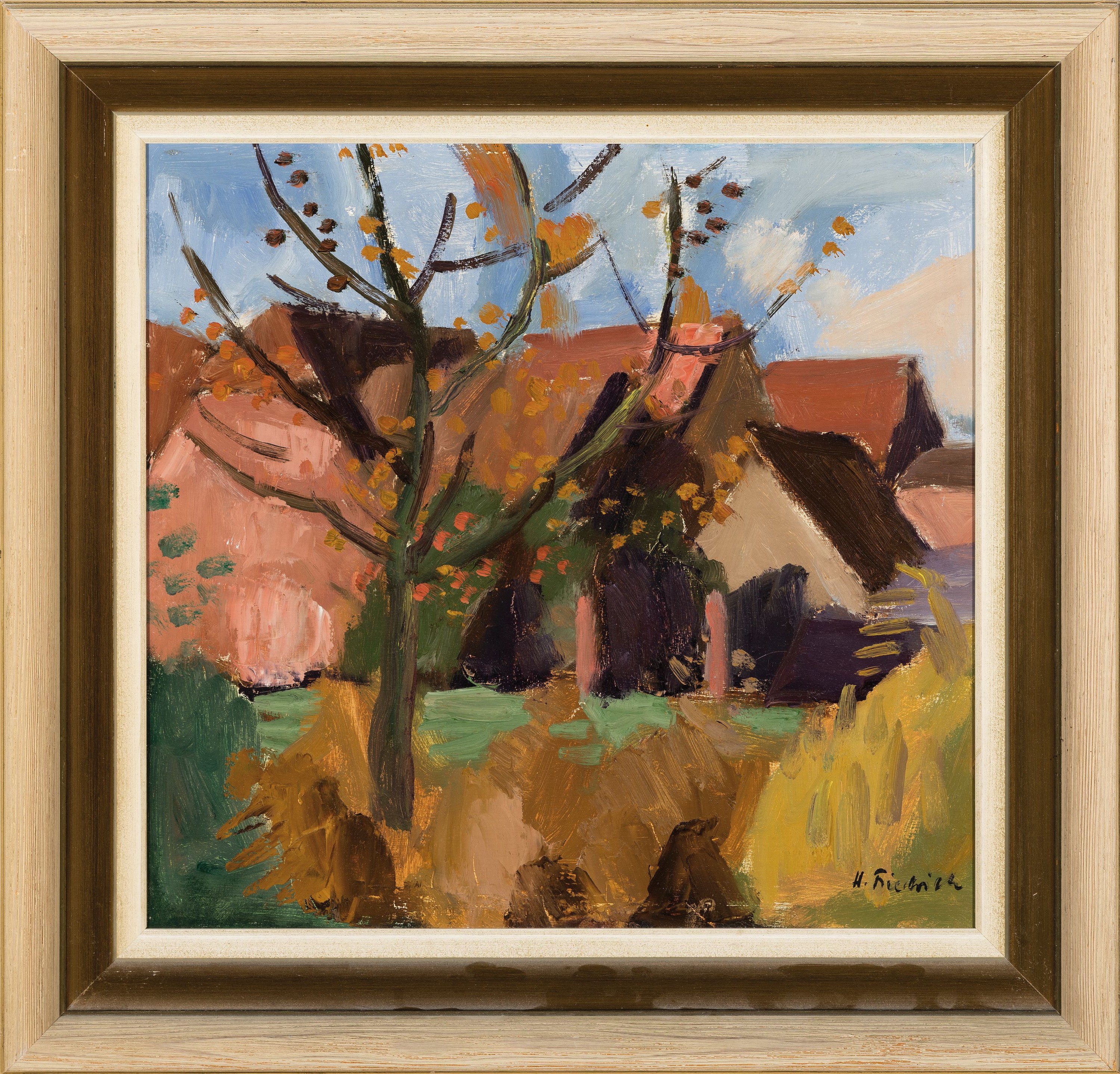 Detail k: Heinz Friedrich, 1924-2018 Schwetzingen, Landschaft mit Häusern hinter Baum, Öl/ Malkarton, rechts unten sign., ca. 42x43cm, R. ca. 55x56cm