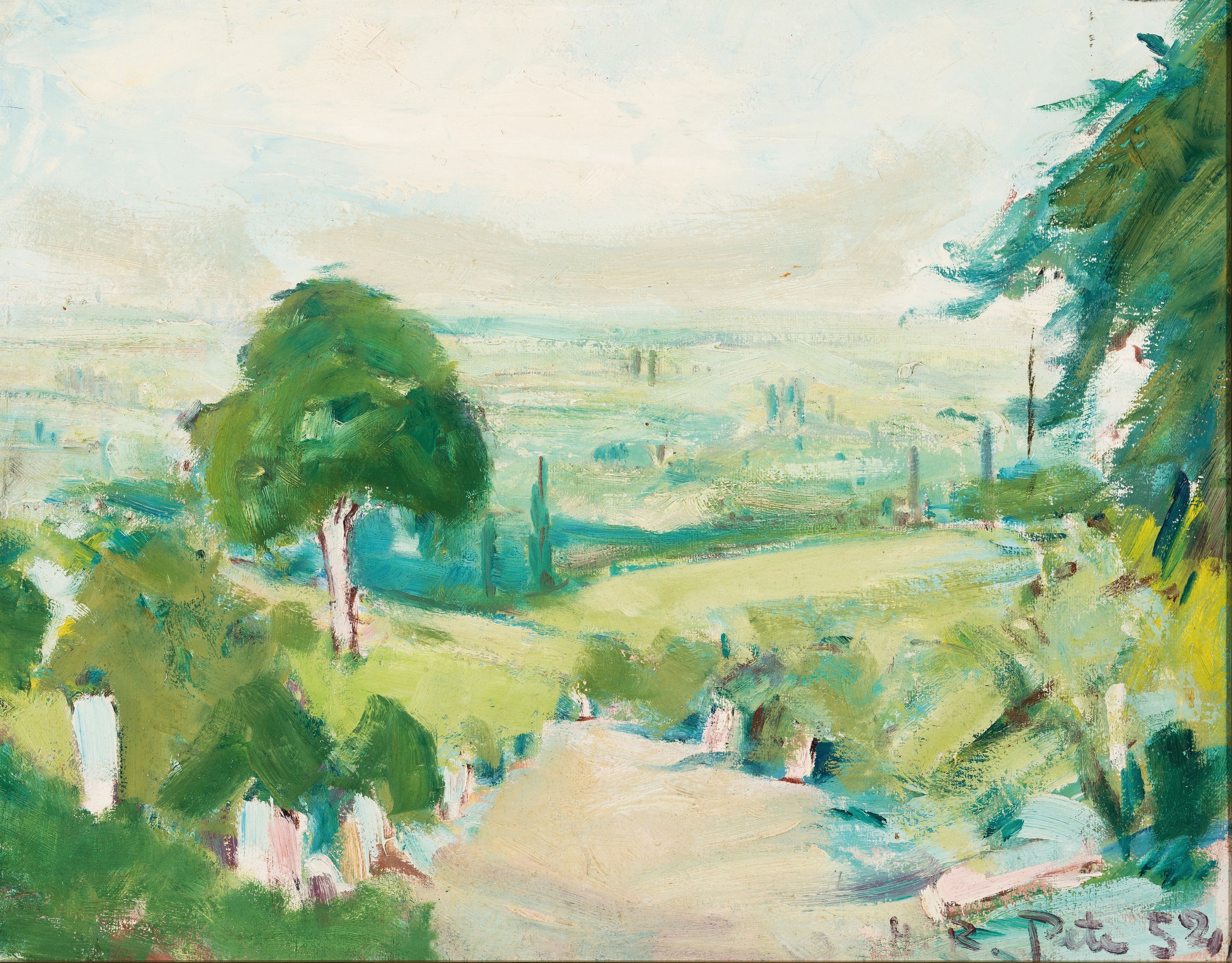 Hans Rolf Peter, 1926-2020 Neustadt/Wstr., Landschaft, Öl/Malkarton, rechts unten sign. und dat. 52, ca. 47x60cm, R. ca. 56x68cm