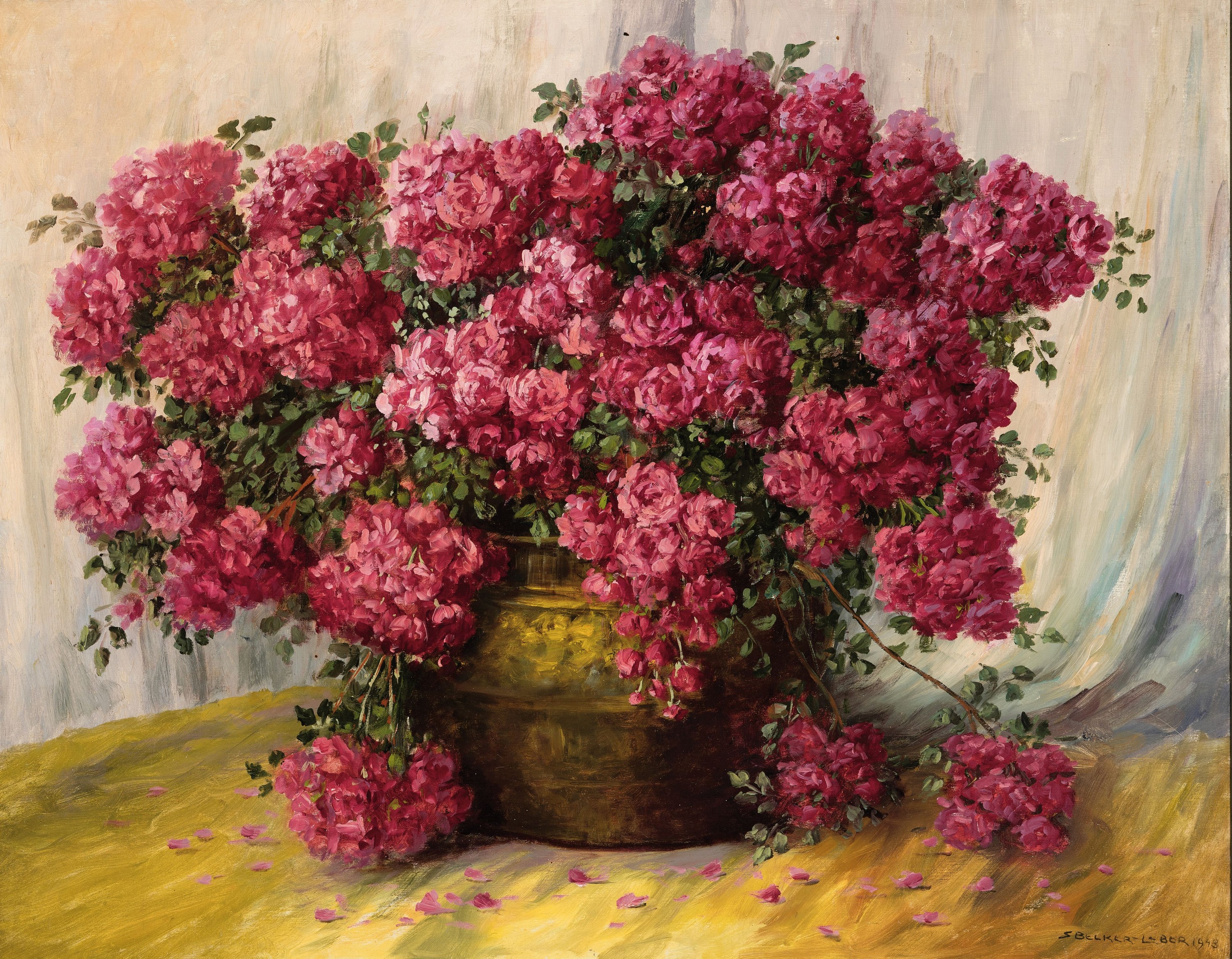 Sophia Becker-Leber, 1869-1952, Stillleben mit Buschrosen in Messinggefäß, Öl/Lwd, re. u. sign. und dat. 1943, ca. 80x100cm, R. ca. 90x110cm