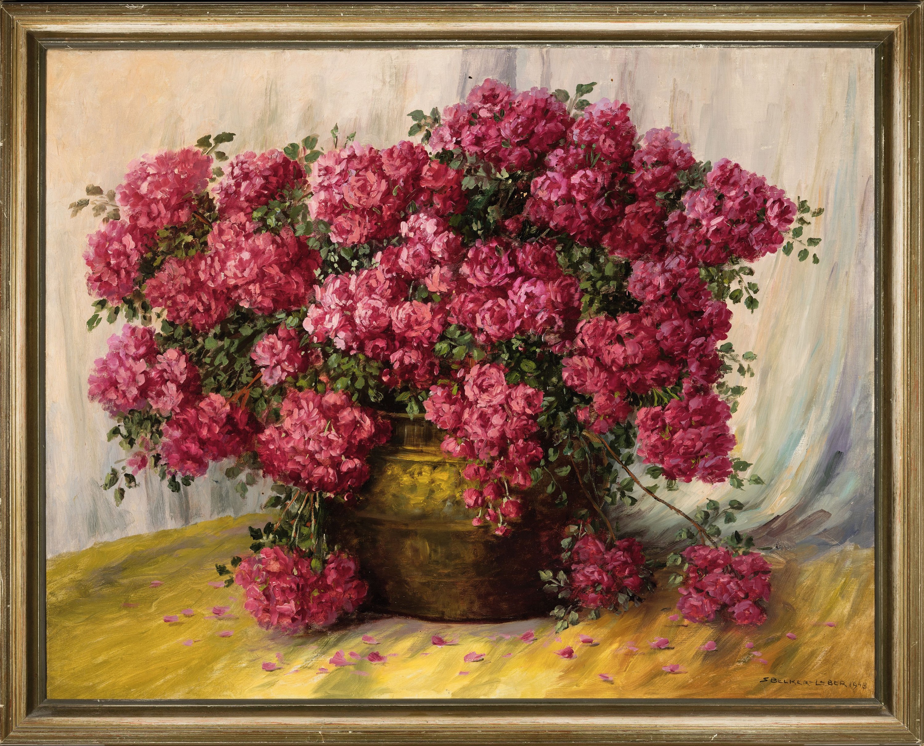 Detail k: Sophia Becker-Leber, 1869-1952, Stillleben mit Buschrosen in Messinggefäß, Öl/Lwd, re. u. sign. und dat. 1943, ca. 80x100cm, R. ca. 90x110cm