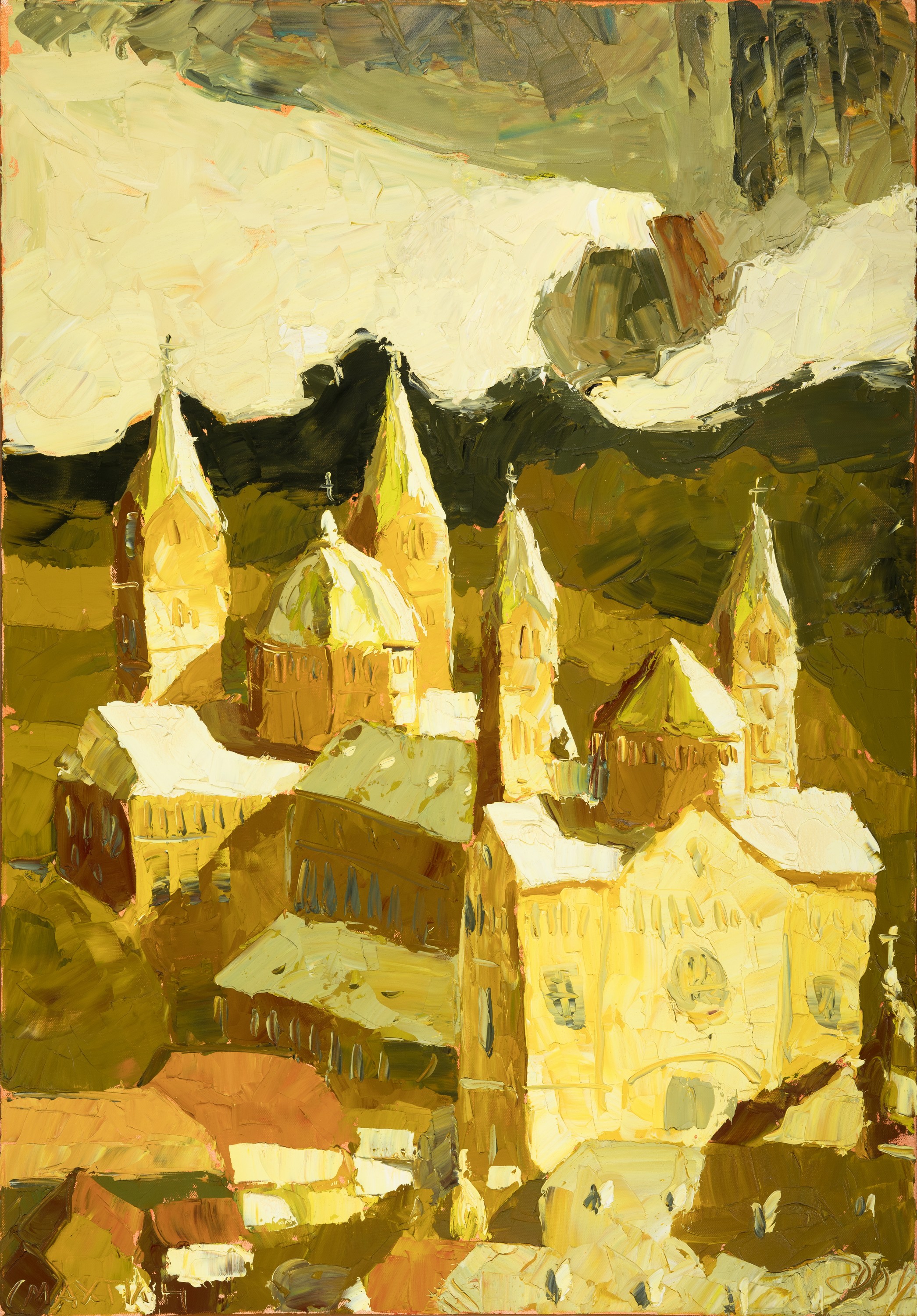 Vladimir Smahtin, geb. 1955 Moskau, lebt und arbeitet in Ludwigshafen/Rhein, hier: Blick auf den Dom zu Speyer, Öl/Lwd, pastoser expressiver ...