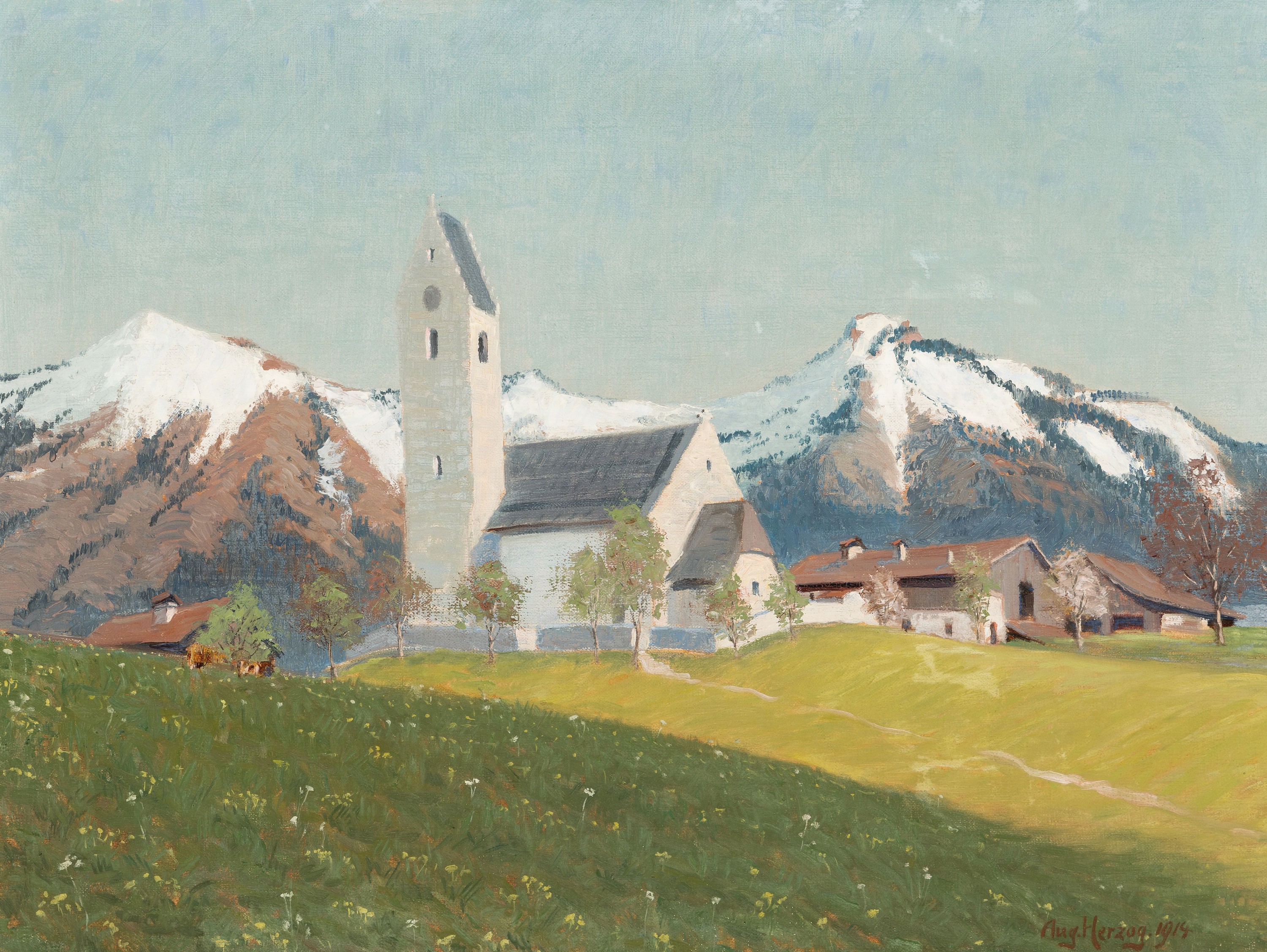 August Herzog, 1885 Fruthwilen-1959 Münsterlingen, Ansicht von Rossholzen Landkreis Rosenheim mit Kirche St. Bartholomäus, Öl/Lwd, rechts unten ...