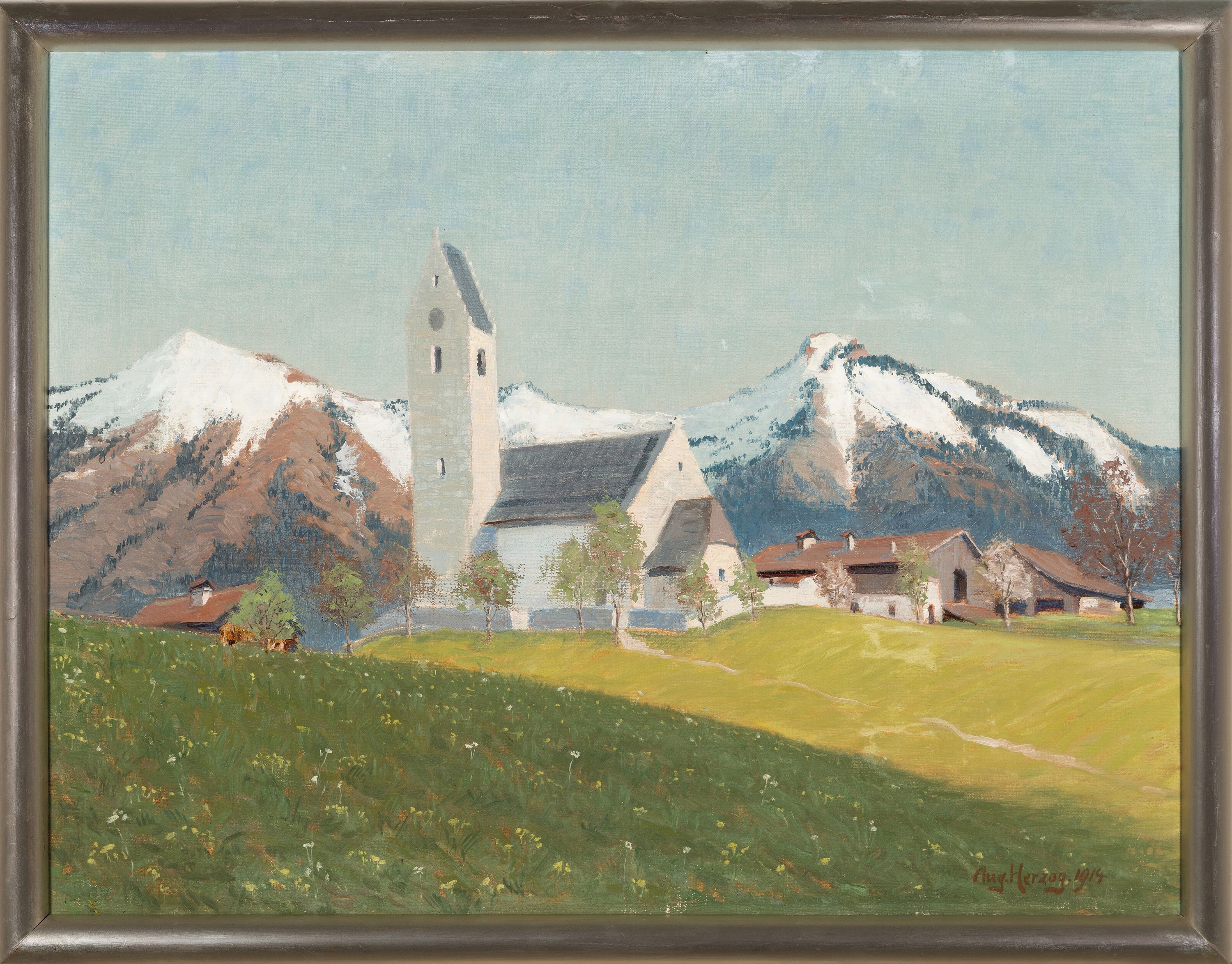 Detail k: August Herzog, 1885 Fruthwilen-1959 Münsterlingen, Ansicht von Rossholzen Landkreis Rosenheim mit Kirche St. Bartholomäus, Öl/Lwd, rechts unten ...