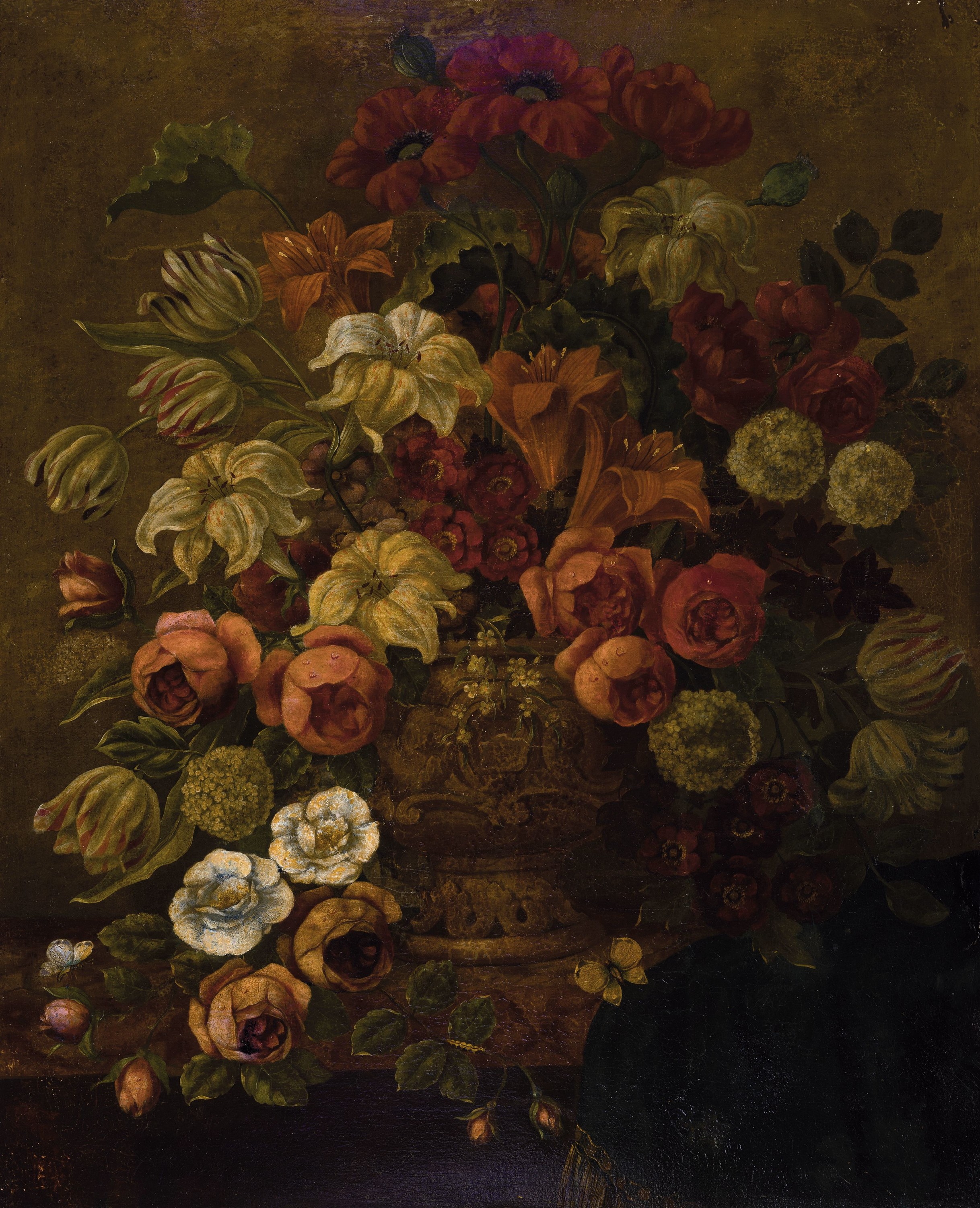 Unbekannter Künstler des 18. Jh., Üppiges Blumenstillleben im Stil der alten flämischen Meister, Öl/Lwd, doubl., rest., ca. 75x62cm, R. ca. ...