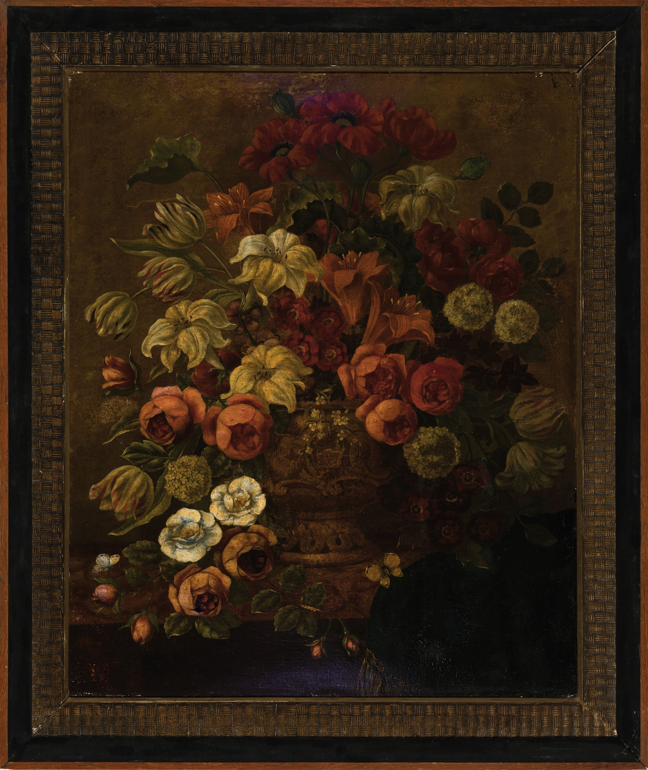 Detail k: Unbekannter Künstler des 18. Jh., Üppiges Blumenstillleben im Stil der alten flämischen Meister, Öl/Lwd, doubl., rest., ca. 75x62cm, R. ca. ...
