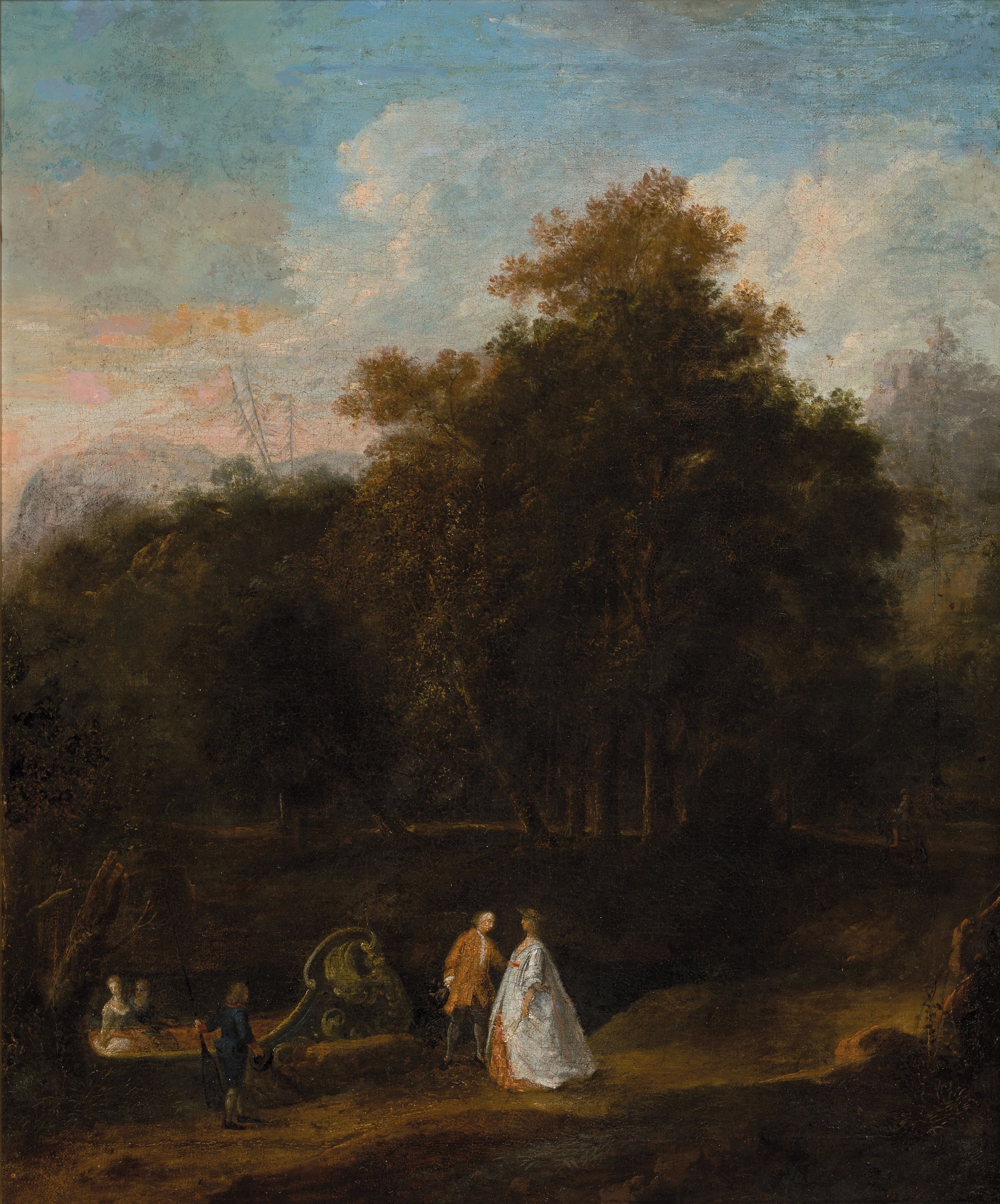 Unbekannter Maler des Barock, 18. Jh., Elegante Gesellschaft beim Bootsausflug, Öl/Lwd, rest., doubl., feine detaillierte Malerei, ca. 60x50cm, R. ...