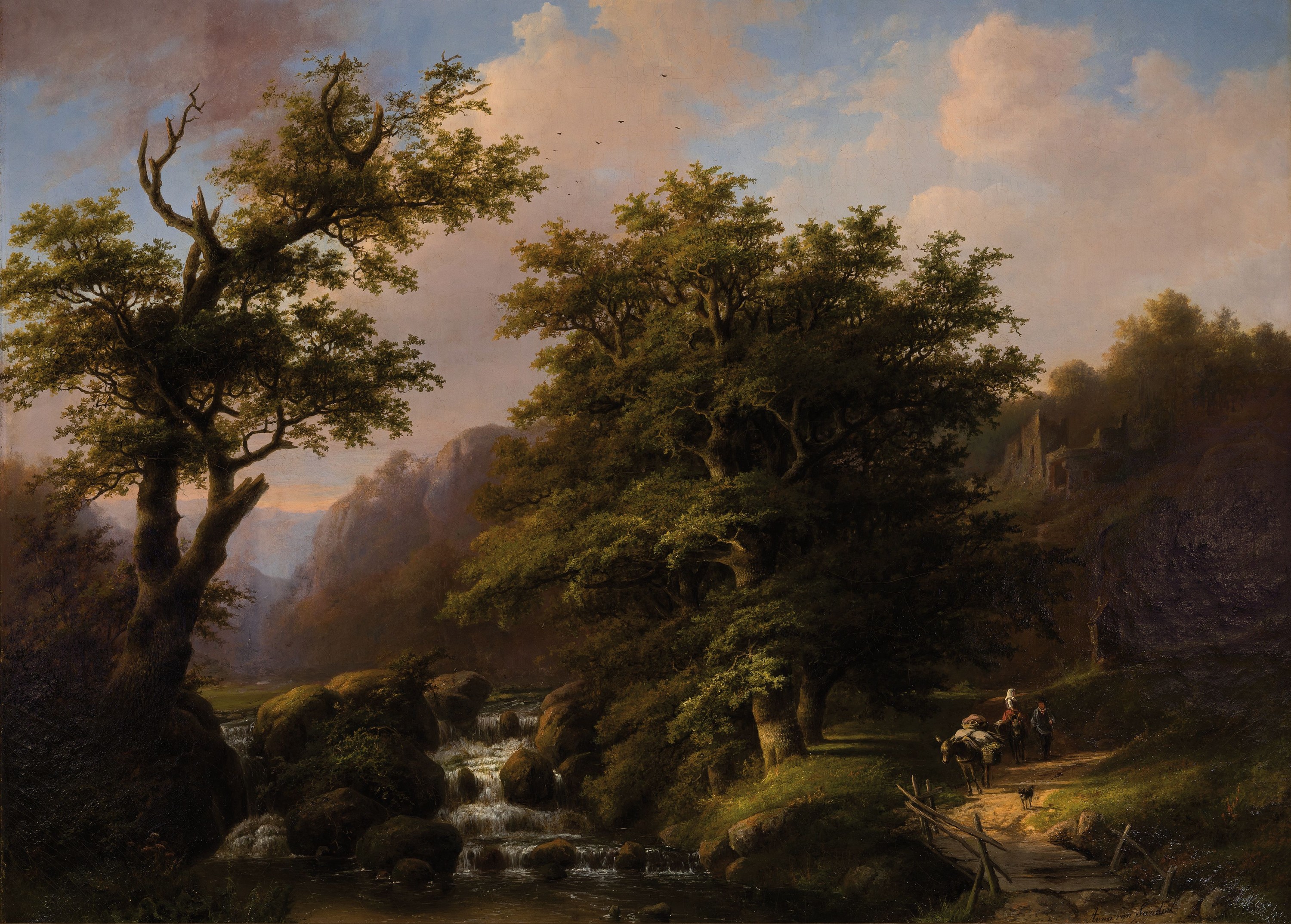 Anna van Sandick, 1818 Utrecht-1904 Kleve, Romantische Landschaft in den Bergen mit Materl, Wildbach un reisendem Paar mit Eseln, Öl/Lwd, rest., ...