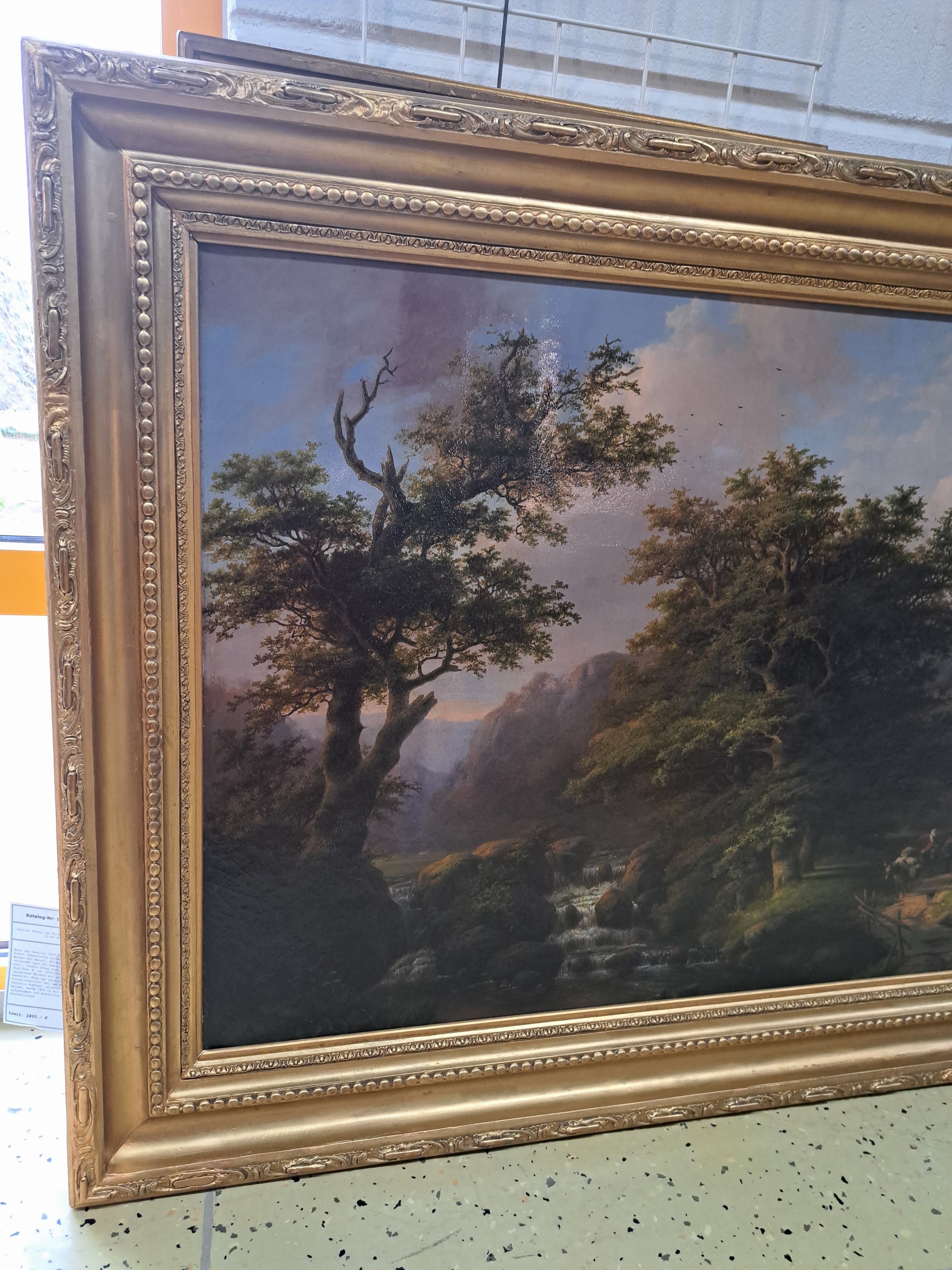 Detail b: Anna van Sandick, 1818 Utrecht-1904 Kleve, Romantische Landschaft in den Bergen mit Materl, Wildbach un reisendem Paar mit Eseln, Öl/Lwd, rest., ...