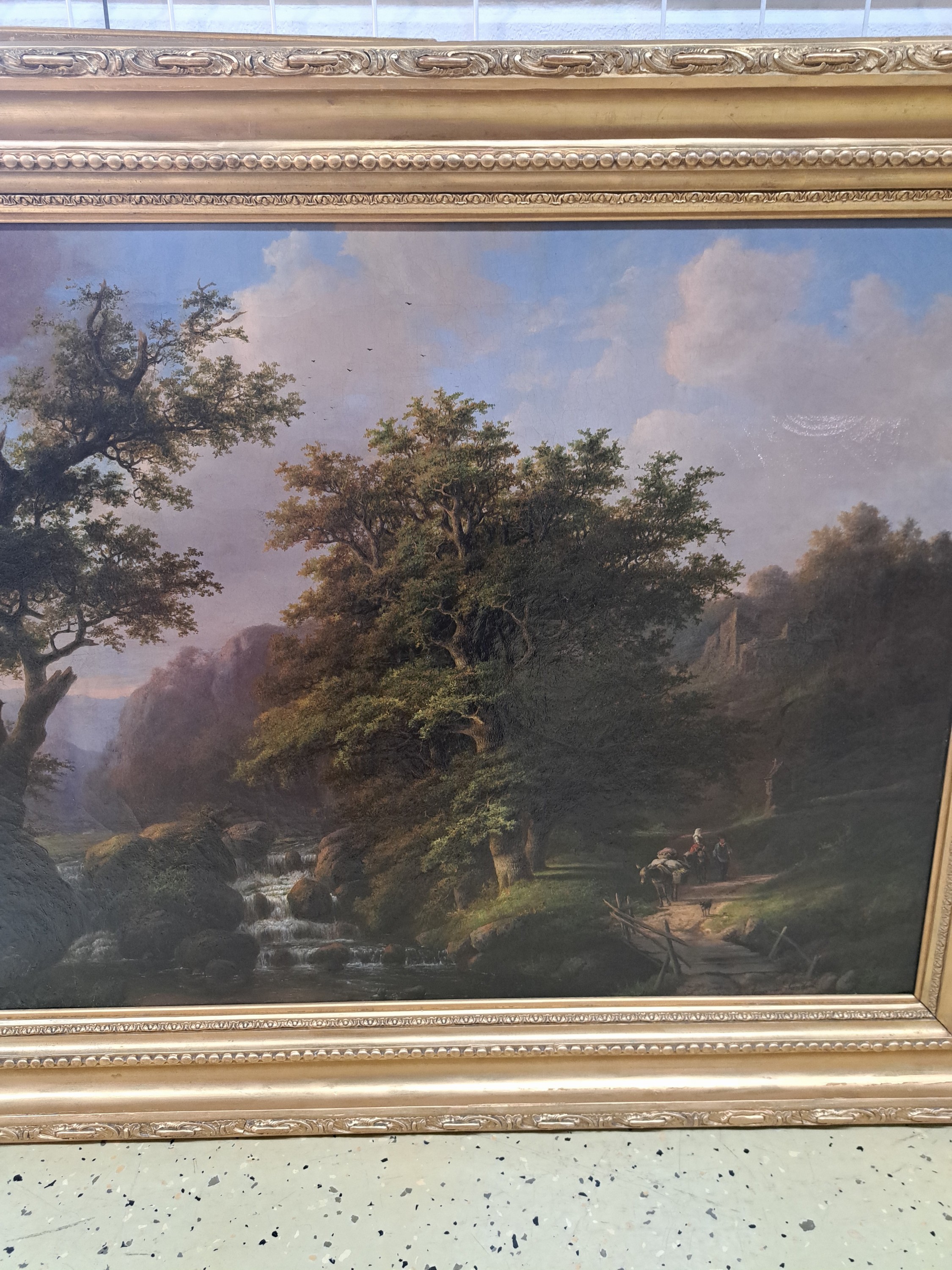 Detail c: Anna van Sandick, 1818 Utrecht-1904 Kleve, Romantische Landschaft in den Bergen mit Materl, Wildbach un reisendem Paar mit Eseln, Öl/Lwd, rest., ...