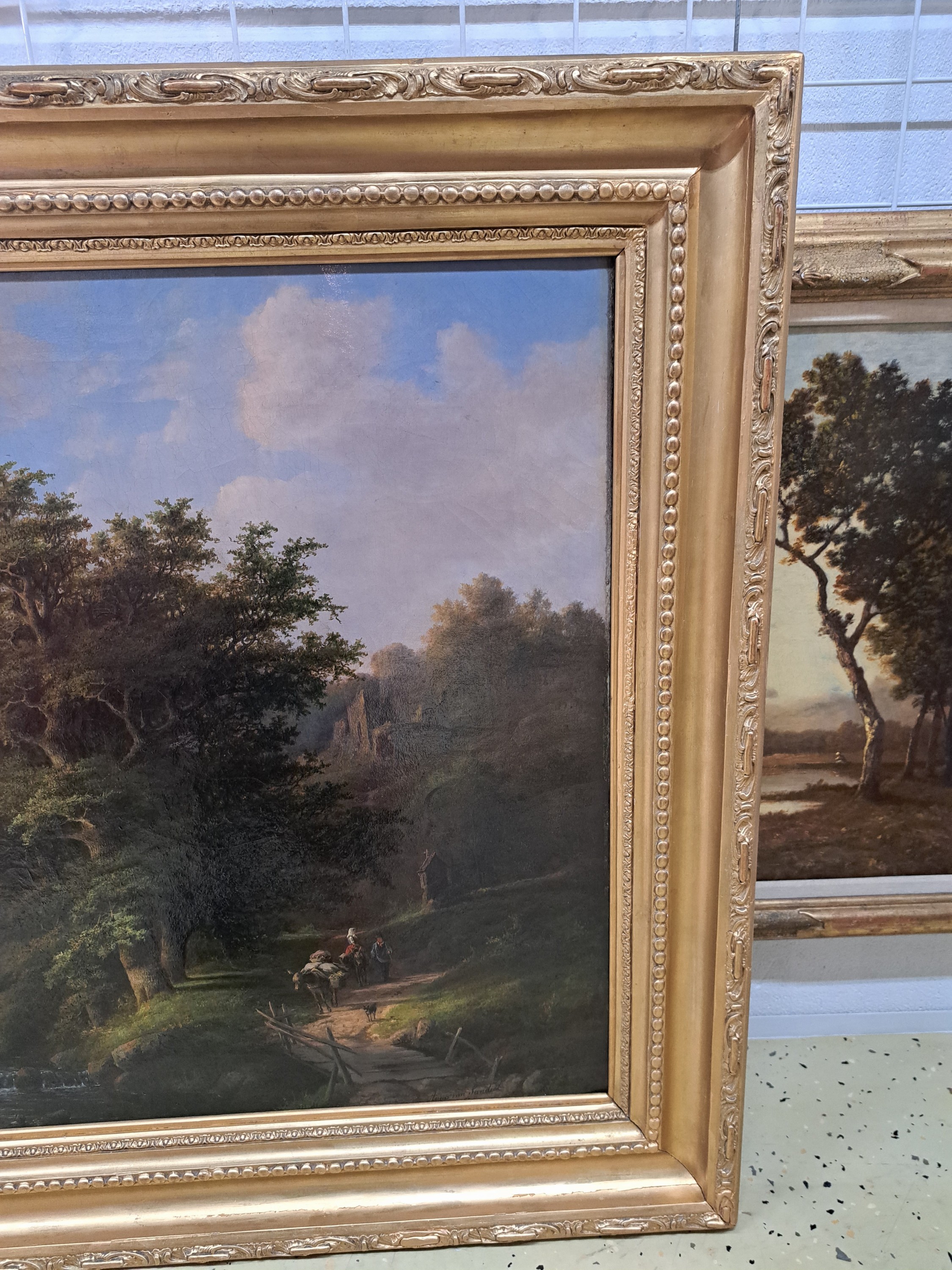Detail d: Anna van Sandick, 1818 Utrecht-1904 Kleve, Romantische Landschaft in den Bergen mit Materl, Wildbach un reisendem Paar mit Eseln, Öl/Lwd, rest., ...