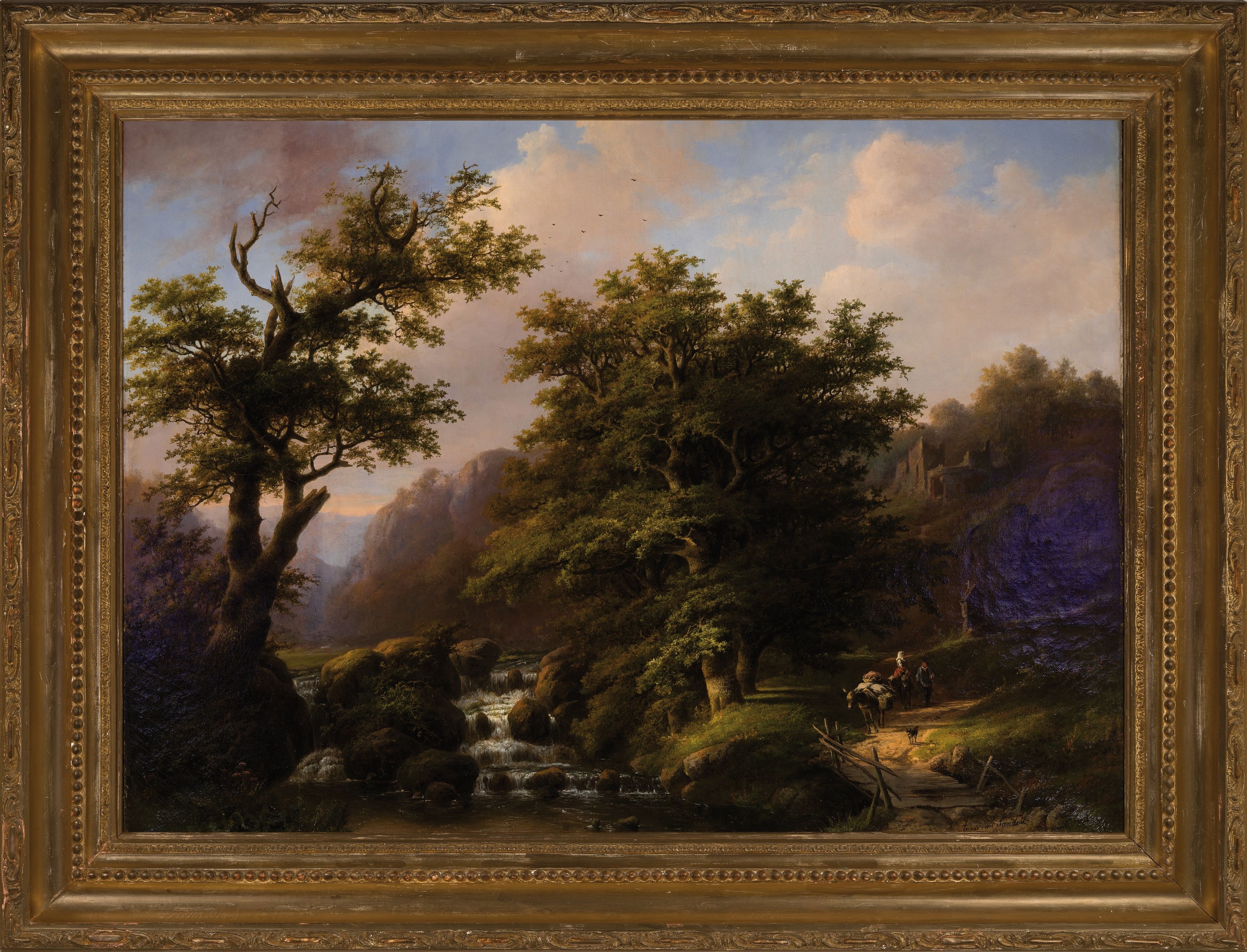 Detail k: Anna van Sandick, 1818 Utrecht-1904 Kleve, Romantische Landschaft in den Bergen mit Materl, Wildbach un reisendem Paar mit Eseln, Öl/Lwd, rest., ...