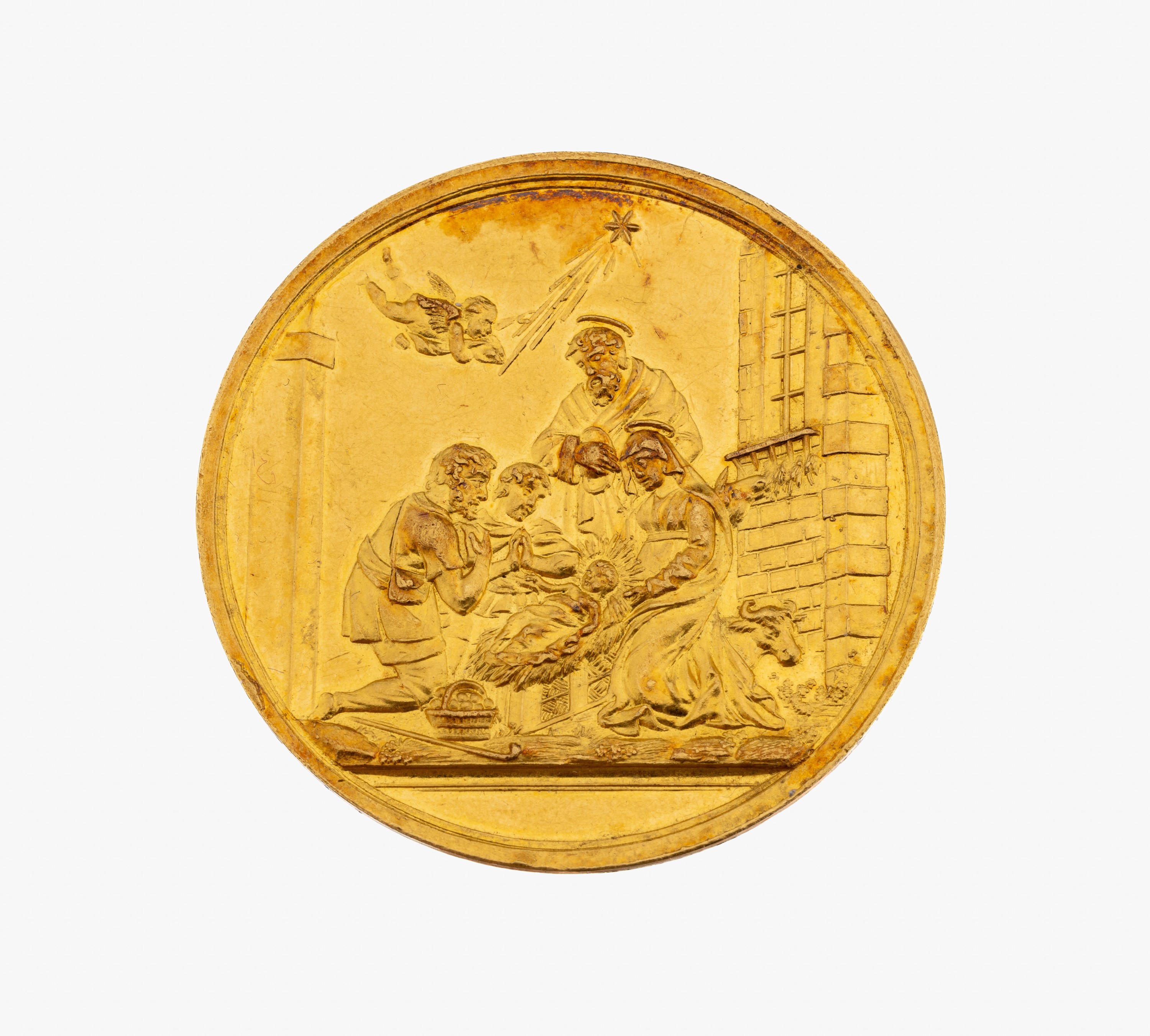 Goldmedaille, 1844, 900er Gold gepr., AV: Darstellung Jesuskind mit Maria und heiligen drei Königen, RV: Inschrift, Lad. Pfeiffer geboren dem 26. ...