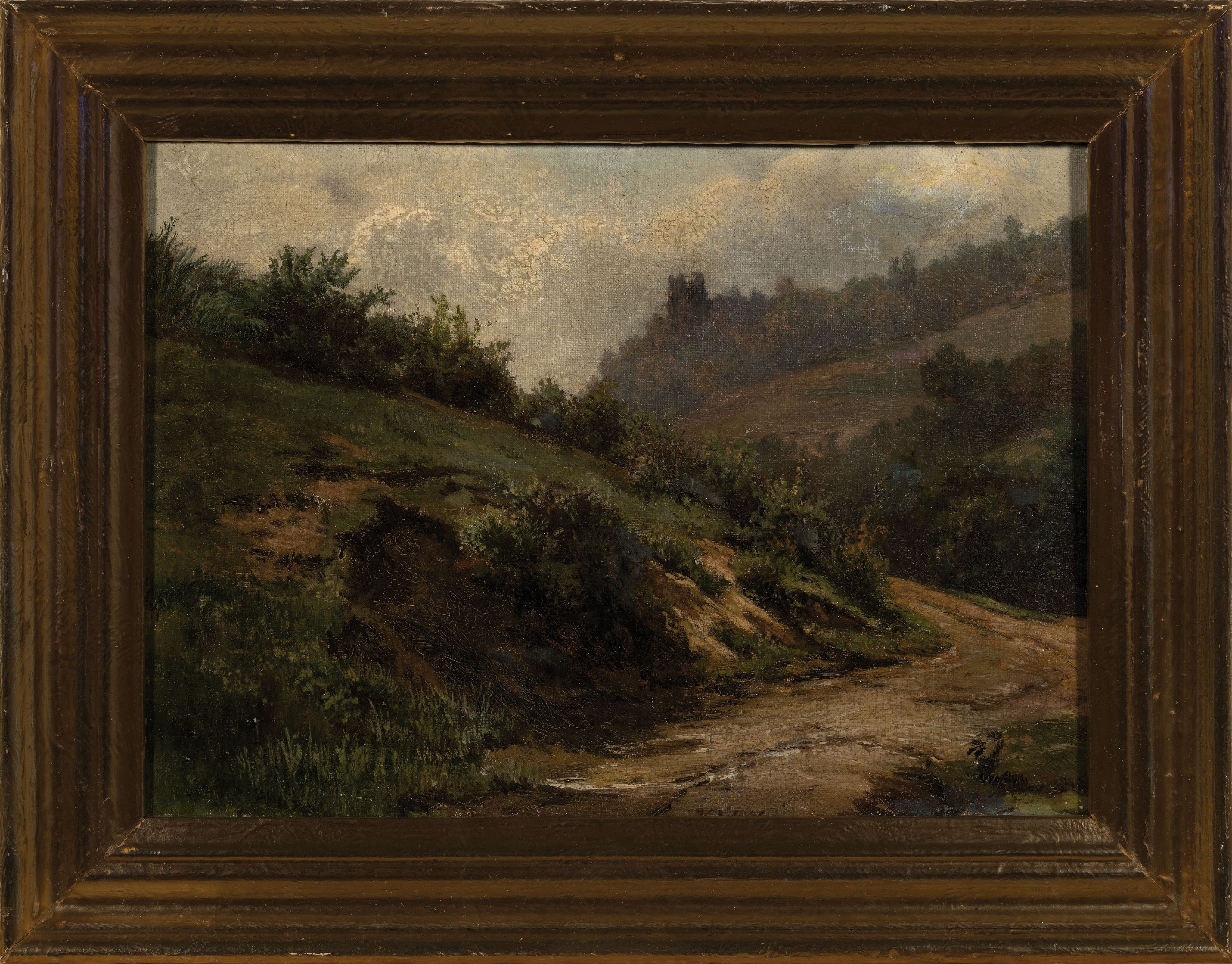 Detail k: Karl Weysser, 1833 Durlach-1904 Heidelberg, Der Durlacher Turmberg von der Rückseite aus gesehen, wohl 1878, Öl/Lwd auf Holz doubliert, untere ...