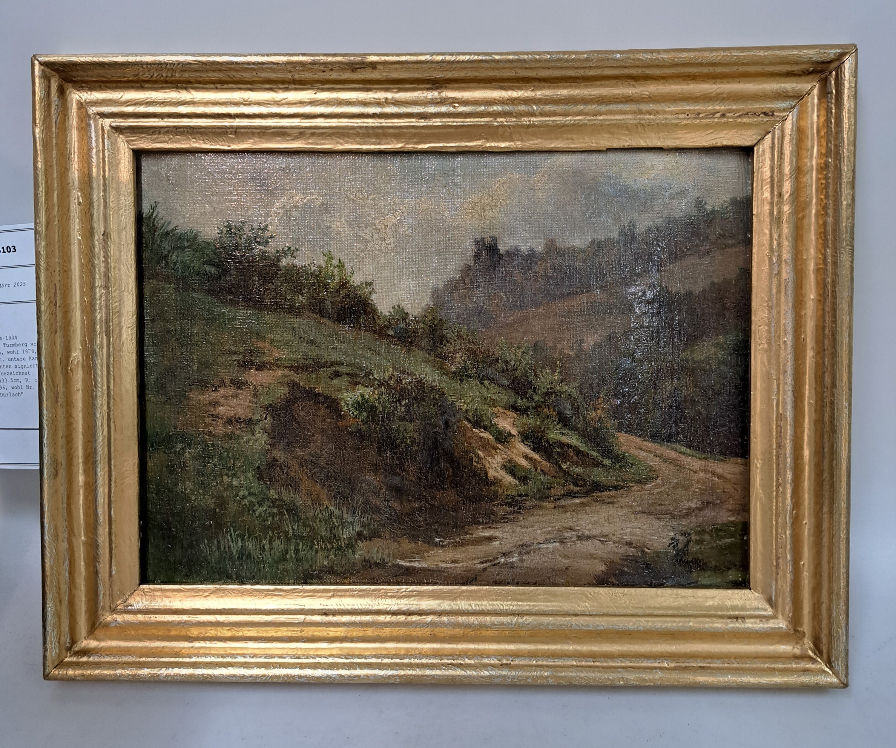 Detail l: Karl Weysser, 1833 Durlach-1904 Heidelberg, Der Durlacher Turmberg von der Rückseite aus gesehen, wohl 1878, Öl/Lwd auf Holz doubliert, untere ...
