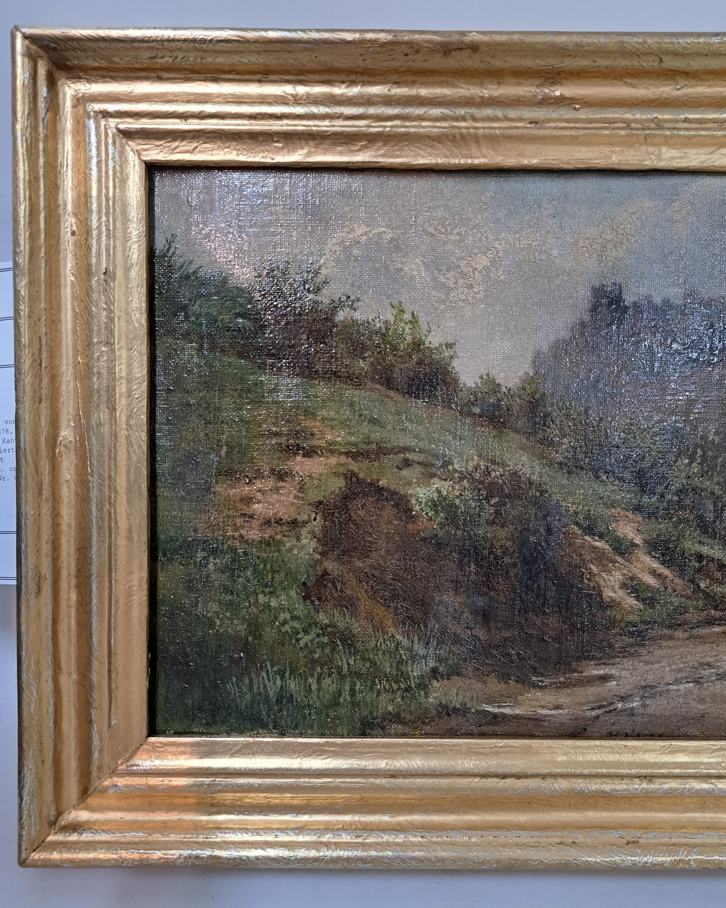 Detail m: Karl Weysser, 1833 Durlach-1904 Heidelberg, Der Durlacher Turmberg von der Rückseite aus gesehen, wohl 1878, Öl/Lwd auf Holz doubliert, untere ...