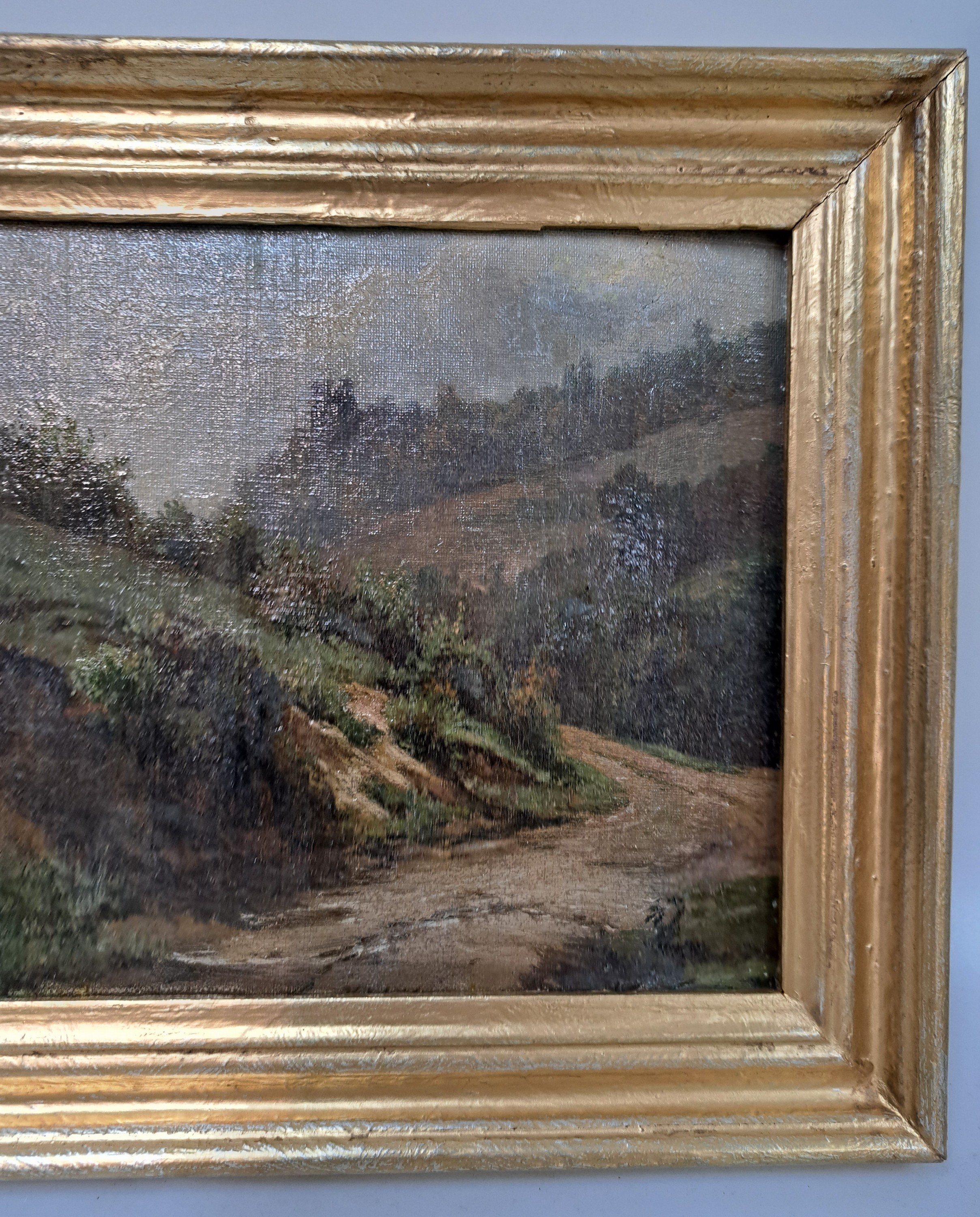 Detail n: Karl Weysser, 1833 Durlach-1904 Heidelberg, Der Durlacher Turmberg von der Rückseite aus gesehen, wohl 1878, Öl/Lwd auf Holz doubliert, untere ...