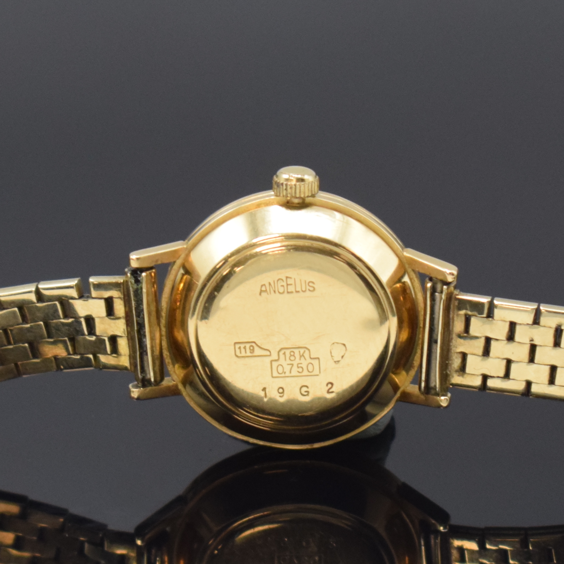 Detail c: ANGELUS Damenarmbanduhr in GG 750/000 am neutralen GG 333/000 Band, Automatik, Schweiz um 1960, 3-teil. Geh., Boden und Glasrand aufgedr., Zifferbl. ...