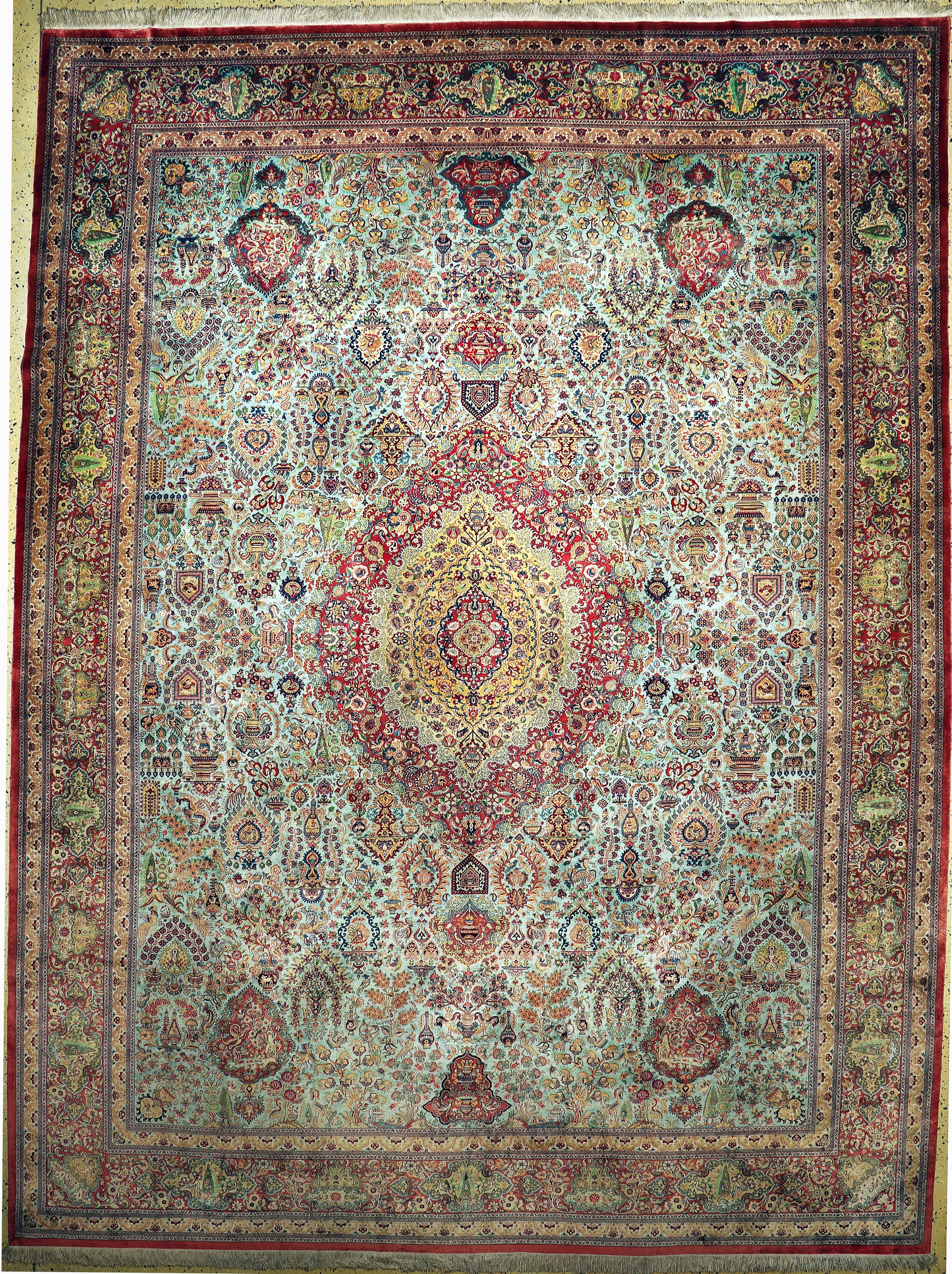 Ghom Seide fein Persien, signiert(Shafiy), Ende 20.Jhd, reine Naturseide, ca. 385 x 290 cm, ca. 1,0 Mio. Kn/qm, EHZ: 1-2, (kleine Fleck)