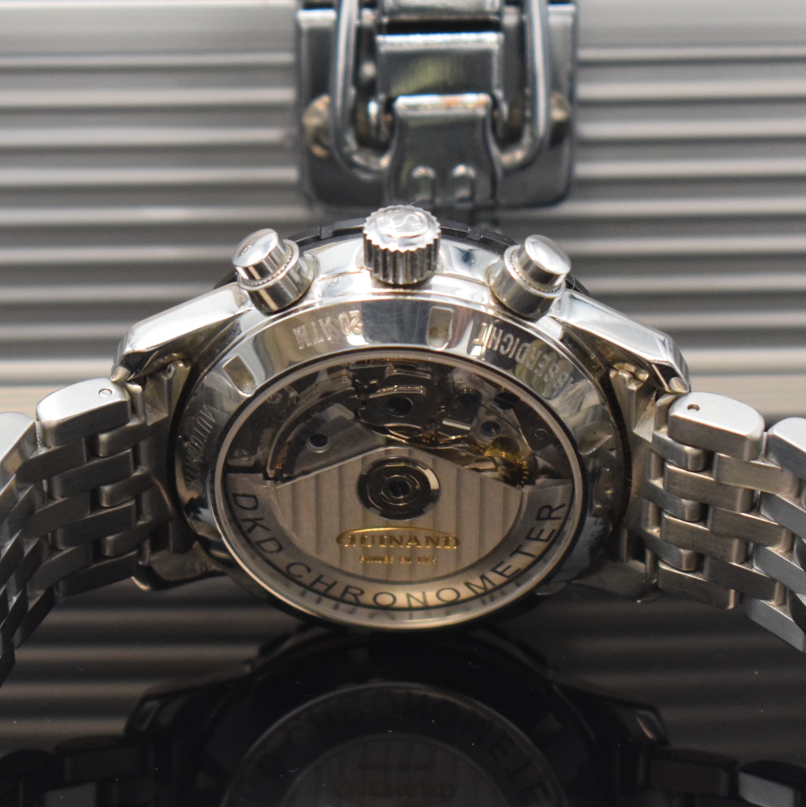 Detail c: GUINAND Chronometer Herrenchronograph, Schweiz 2010, Automatik, Edelstahlgeh. inkl. neutr. Gliederband m. dopp. Faltschl., beids. vergl., Boden u. ...