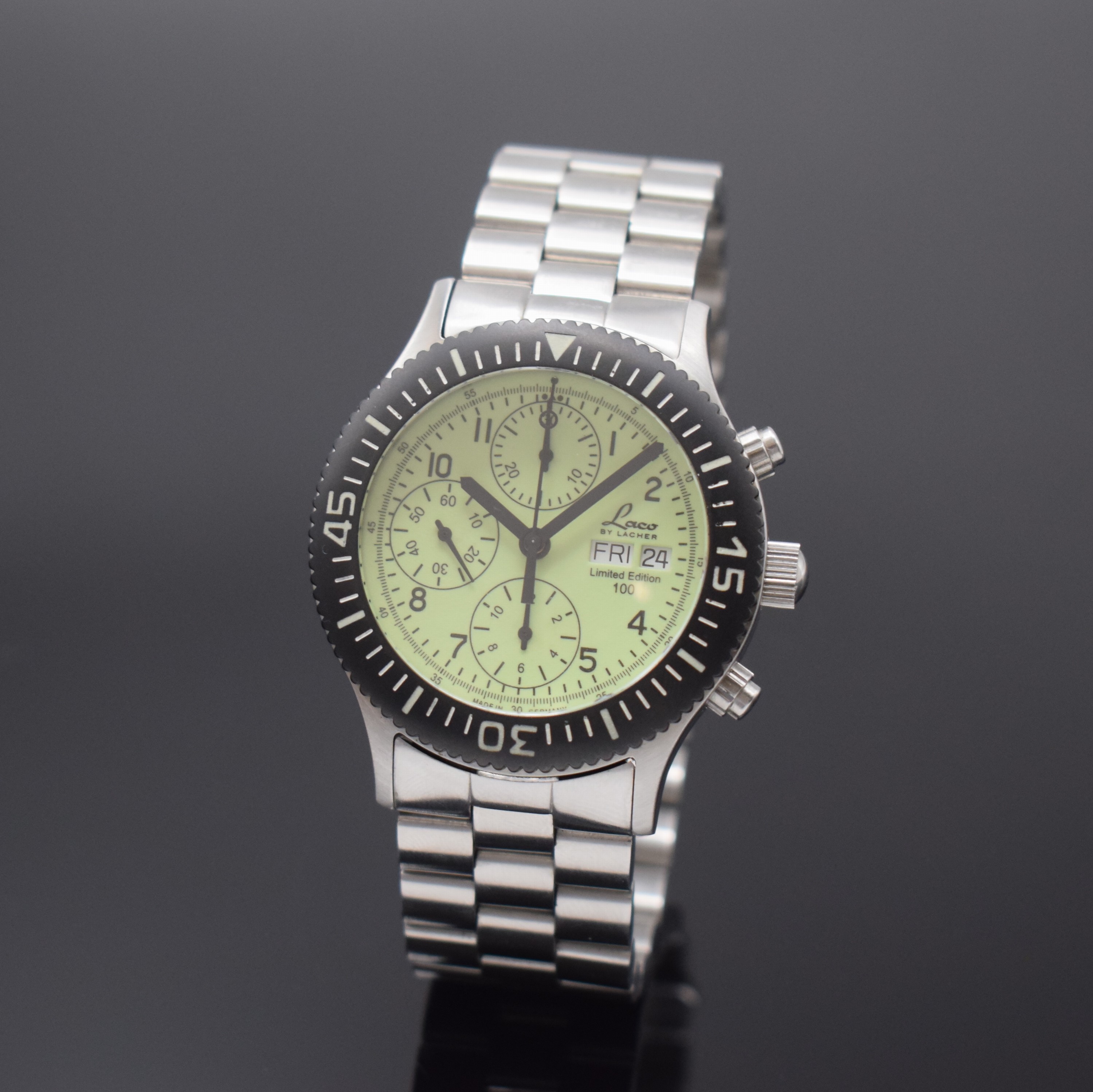 LACO BY LACHER Armbandchronograph limited Edition 100, Deutschland um 2000, Automatik, Edelstahlgeh. inkl. neutr. Gliederband m. dopp. Faltschl., ...