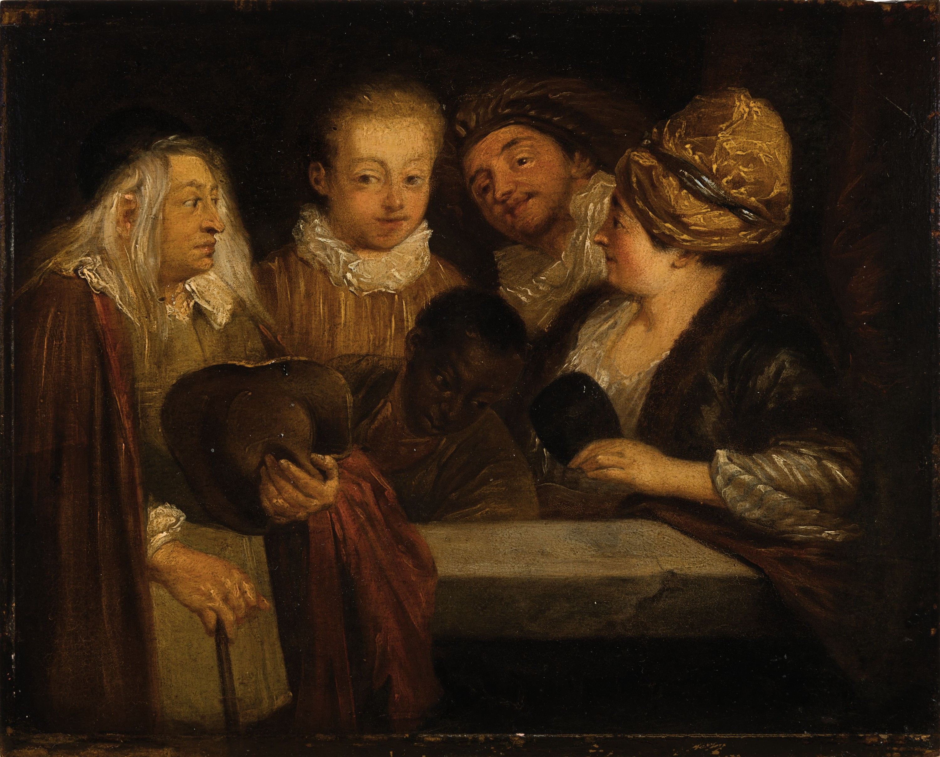 Detail k: Unbekannter Künstler, wohl Niederlande, 19. Jh., vier Menschen betrachten einen afrikanischen Jungen, Öl/Holz, ca. 23x29cm