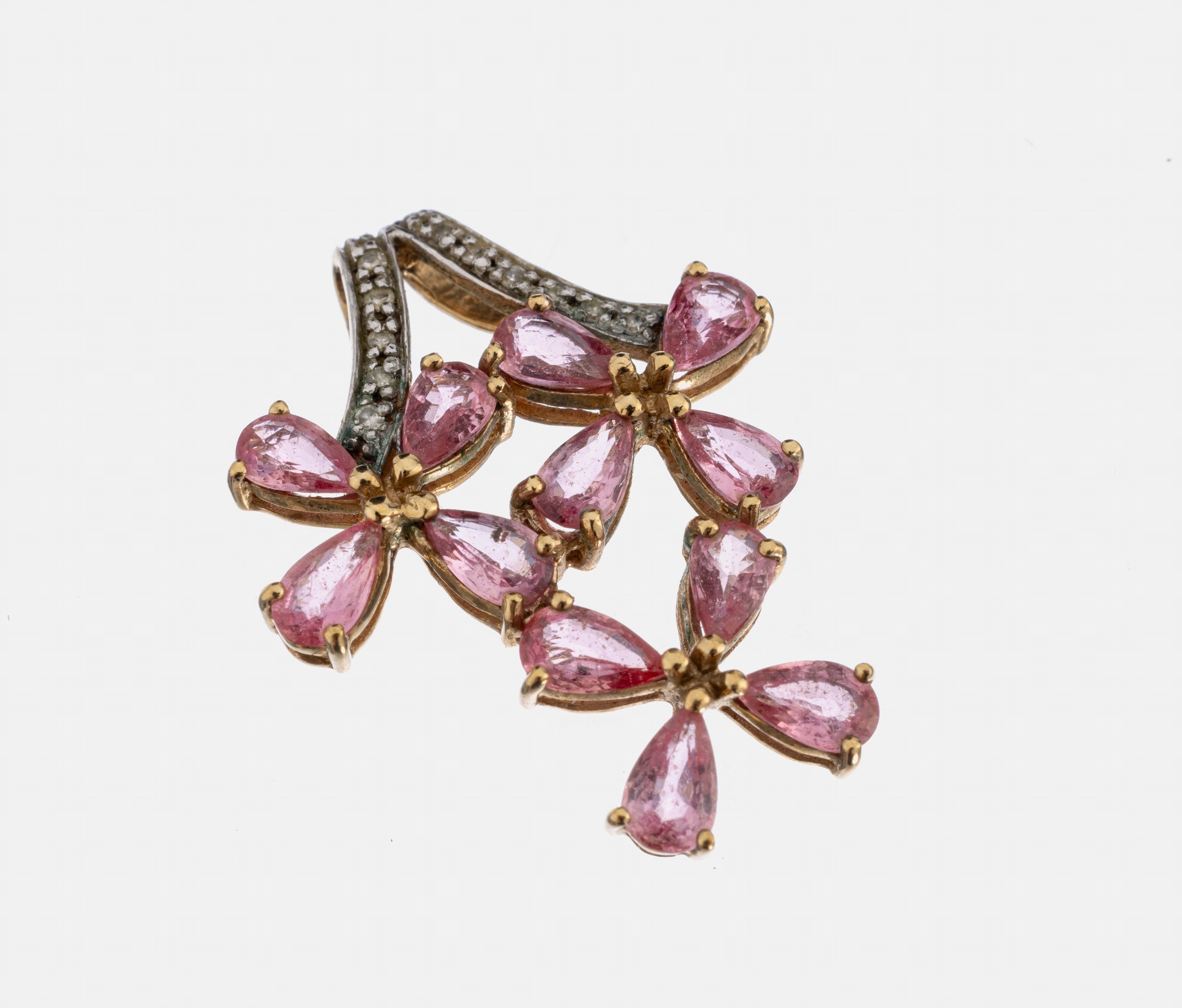 9 kt Gold Saphir-Diamant-Anhänger, GG 375/000, florale Gestaltung, 12 facett. Saphir-Tropfen in pink zus. ca. 2.0 ct, 13 8/8-Diamanten zus. ca. ...