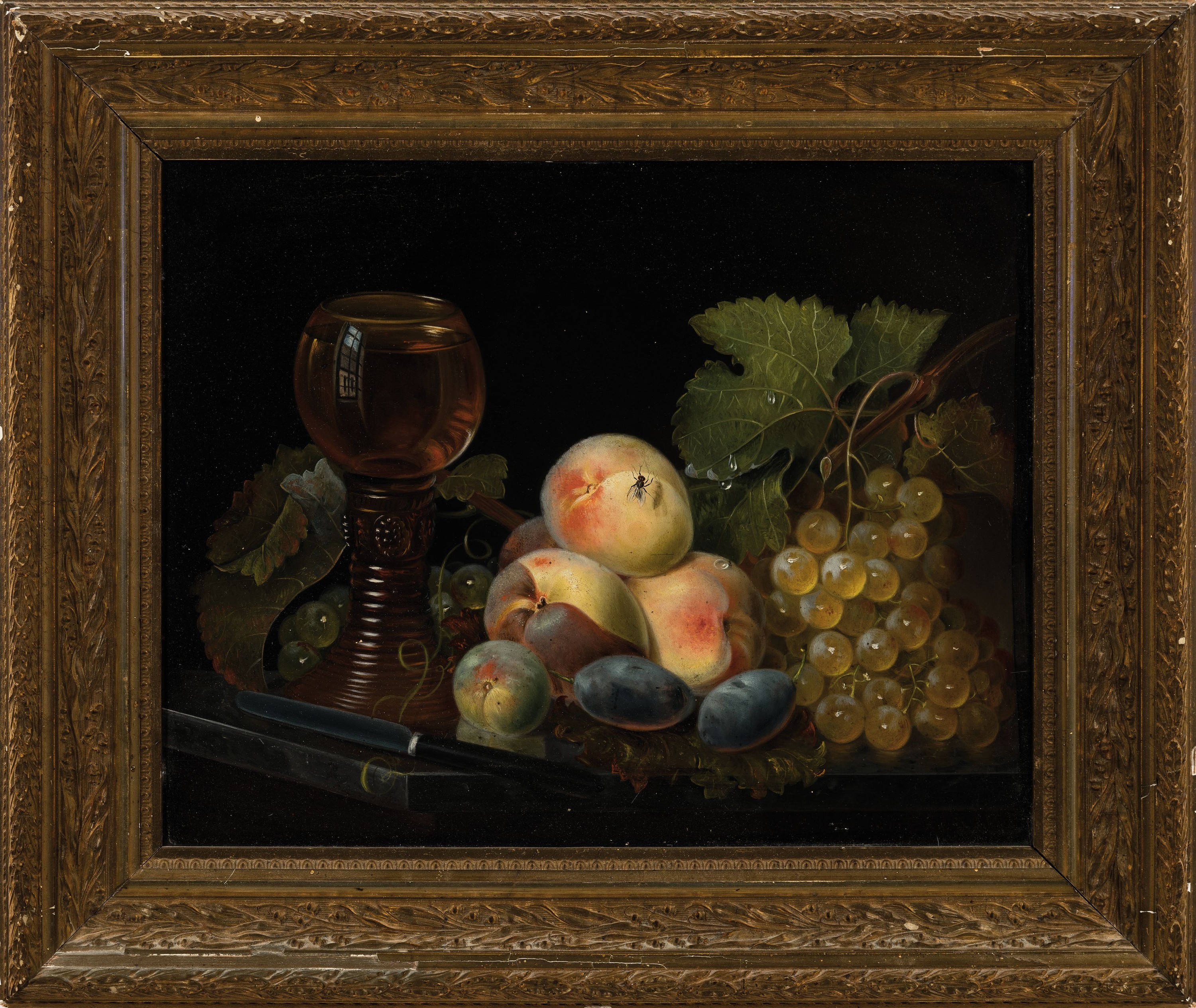 Detail k: Unbekannter Künstler, um 1900, Stillleben nach Renaissance-Vorbild,, Weinglas mit Obst und Fliege, feine lasierende Malerei, Öl/Holz, unsigniert, ...