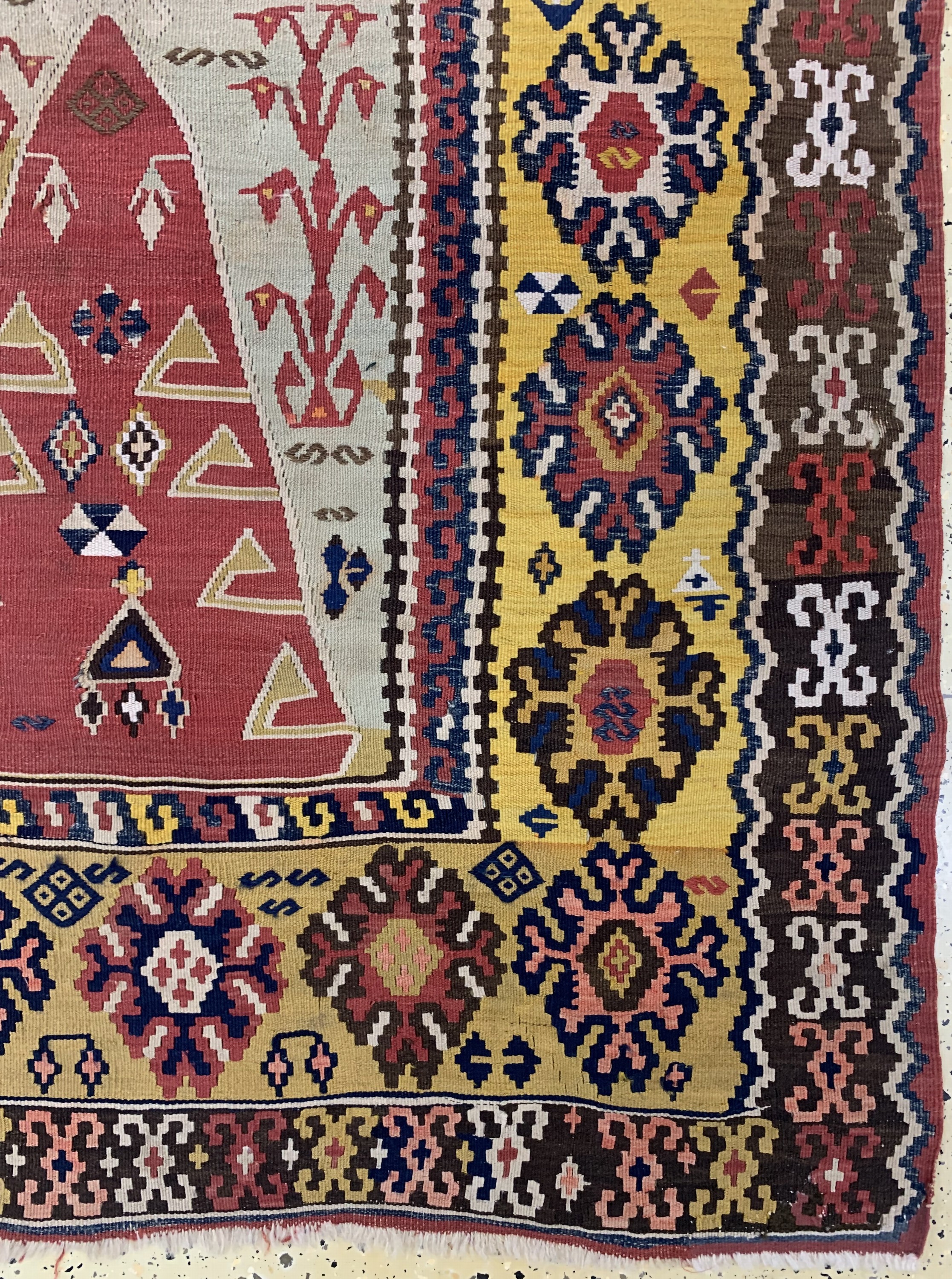 Detail a: Erzurum Kelim antik, Türkei, 19.Jhd, Wolle auf Wolle, ca. 195 x 165 cm, Reinigungsbedürftig, EHZ: 2,aus Sammlungsauflösung