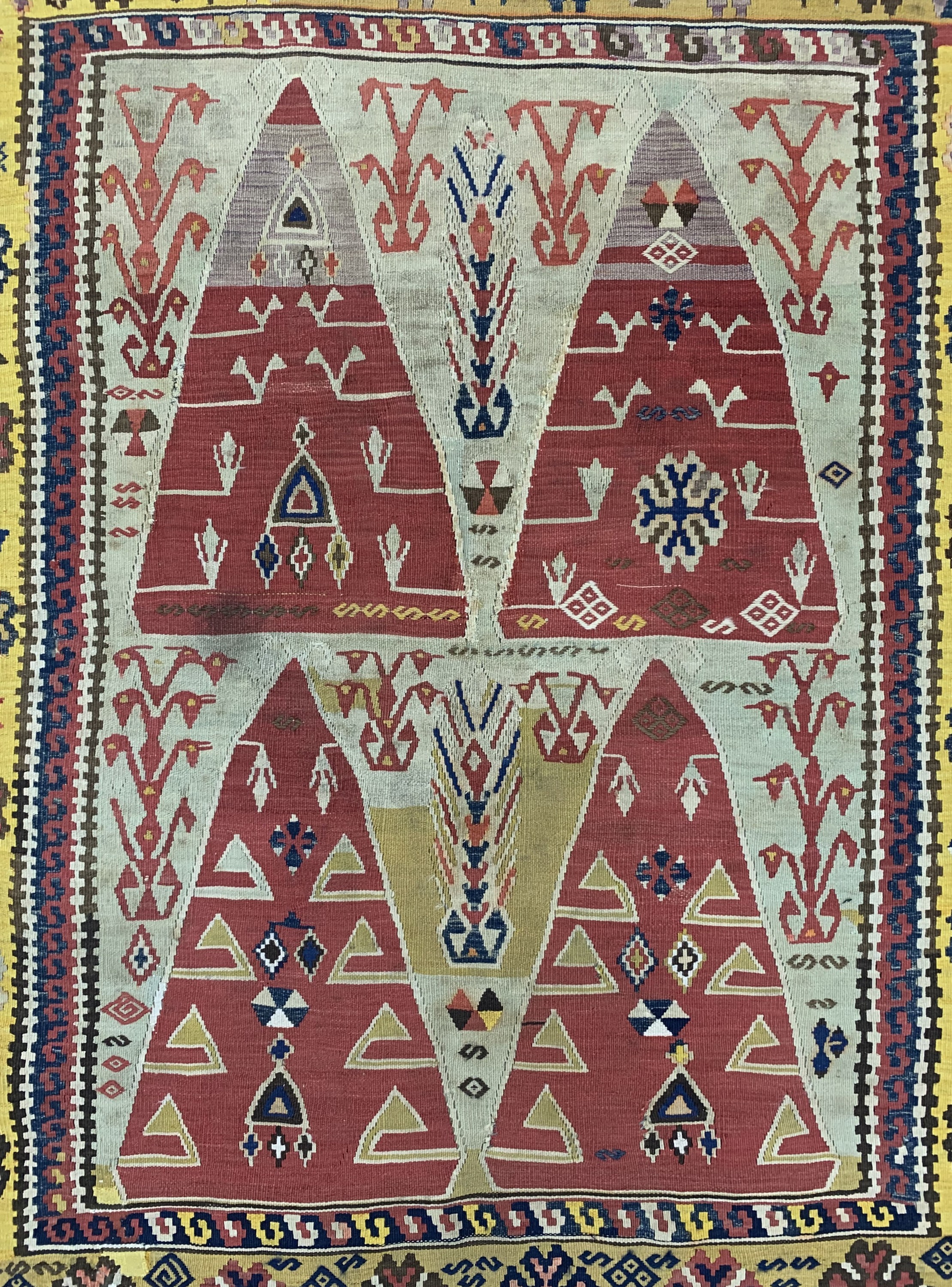 Detail b: Erzurum Kelim antik, Türkei, 19.Jhd, Wolle auf Wolle, ca. 195 x 165 cm, Reinigungsbedürftig, EHZ: 2,aus Sammlungsauflösung