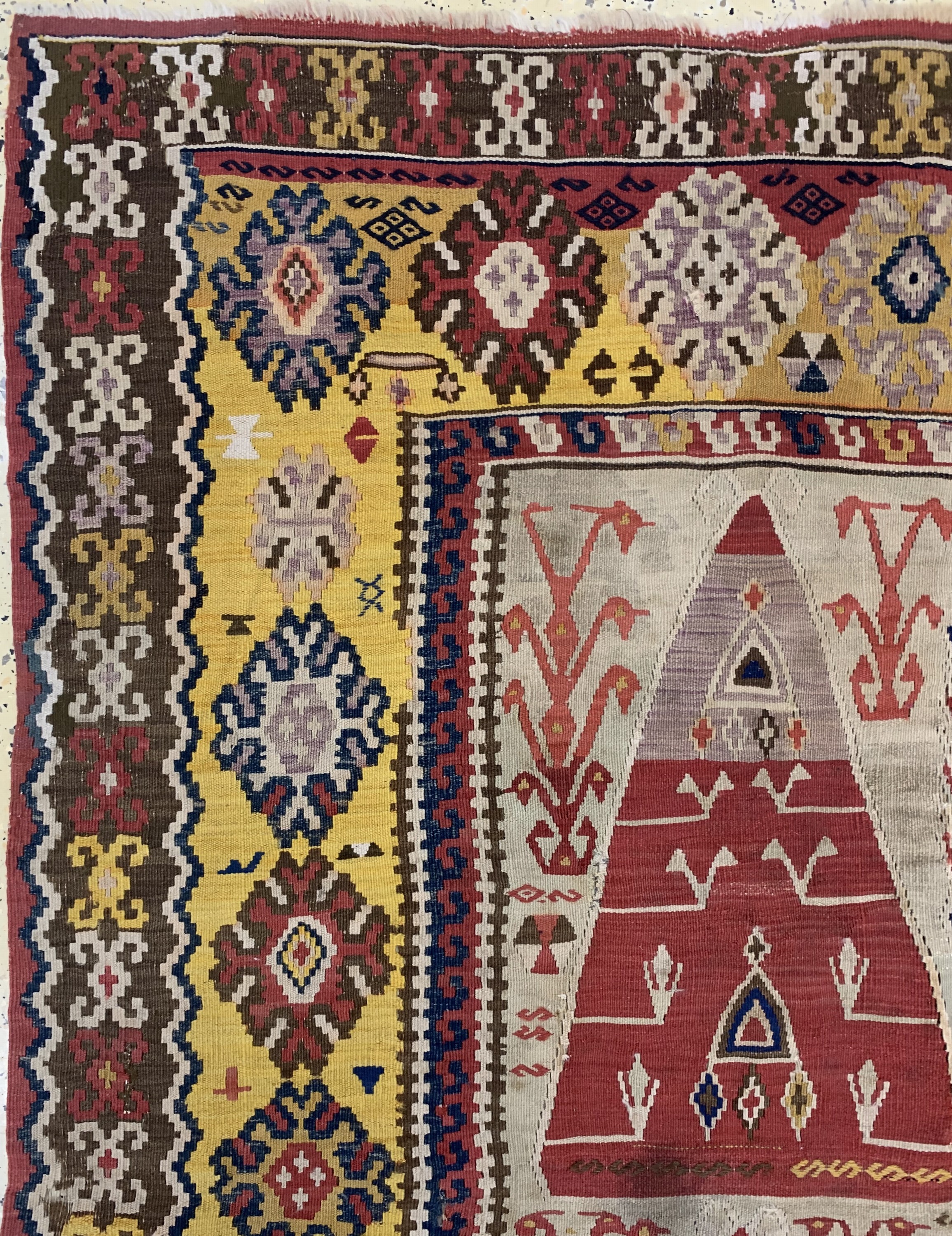 Detail c: Erzurum Kelim antik, Türkei, 19.Jhd, Wolle auf Wolle, ca. 195 x 165 cm, Reinigungsbedürftig, EHZ: 2,aus Sammlungsauflösung