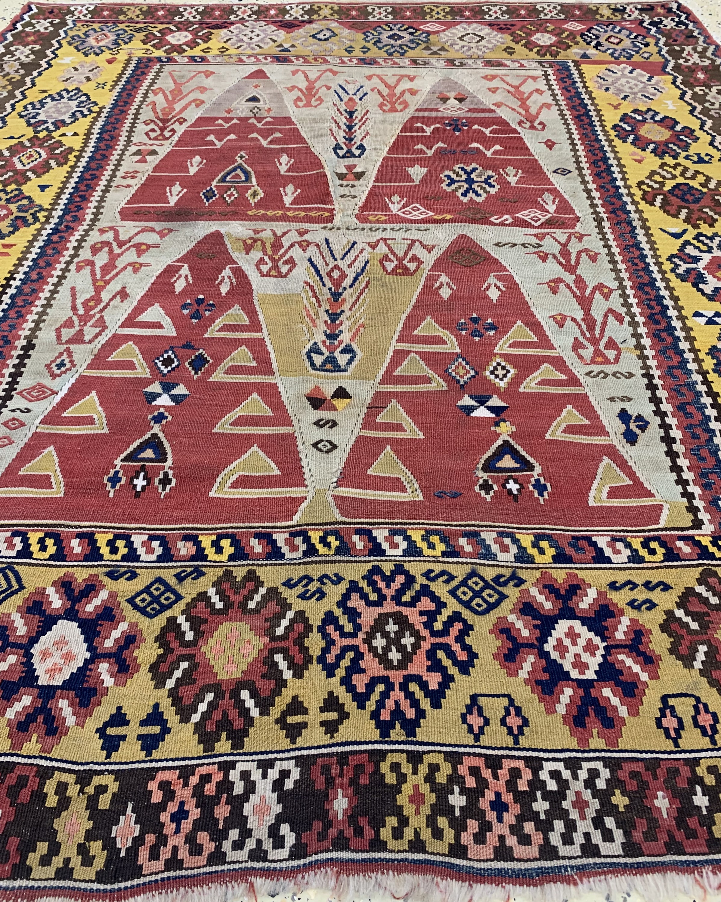 Detail d: Erzurum Kelim antik, Türkei, 19.Jhd, Wolle auf Wolle, ca. 195 x 165 cm, Reinigungsbedürftig, EHZ: 2,aus Sammlungsauflösung
