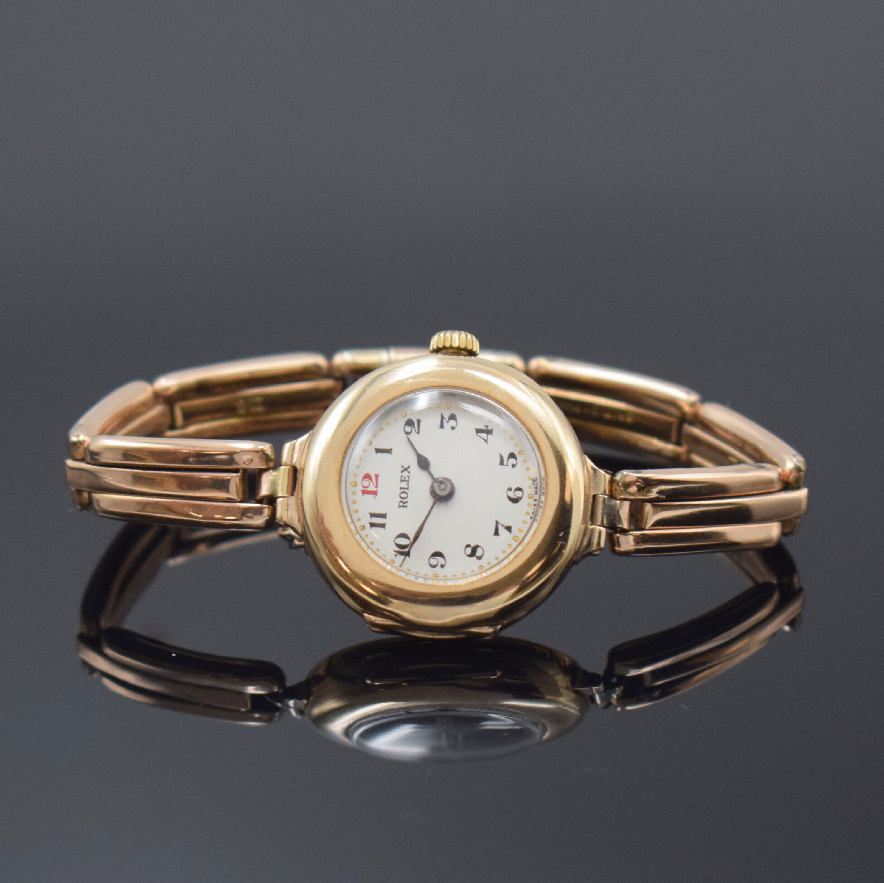 ROLEX frühe Damenarmbanduhr in RG 375/000 am Goldband, Schweiz / England Hallmark Birmingham 1916, Handaufzug, glattes Scharniergeh. von Dennison m. ...