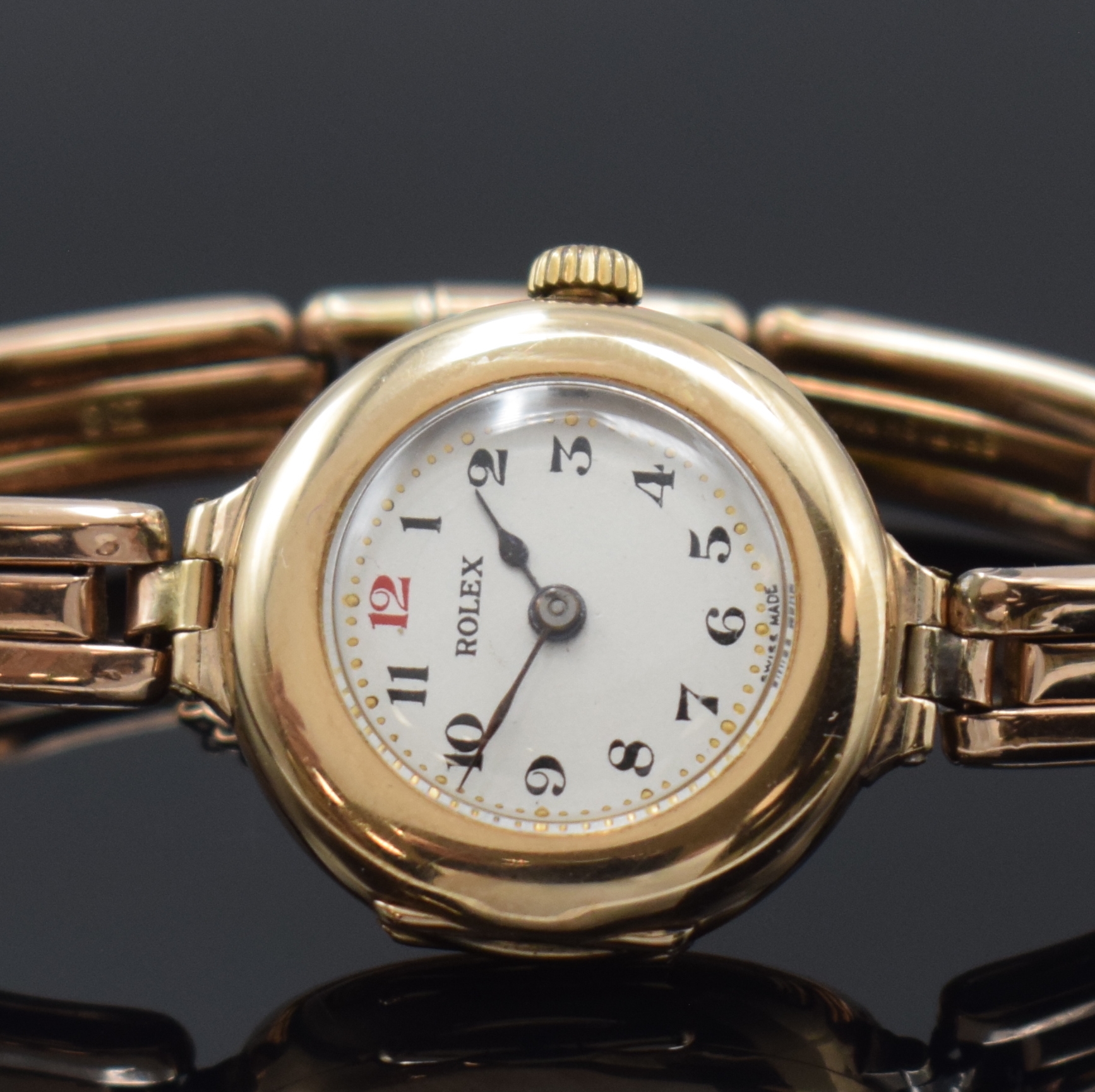 Detail a: ROLEX frühe Damenarmbanduhr in RG 375/000 am Goldband, Schweiz / England Hallmark Birmingham 1916, Handaufzug, glattes Scharniergeh. von Dennison m. ...