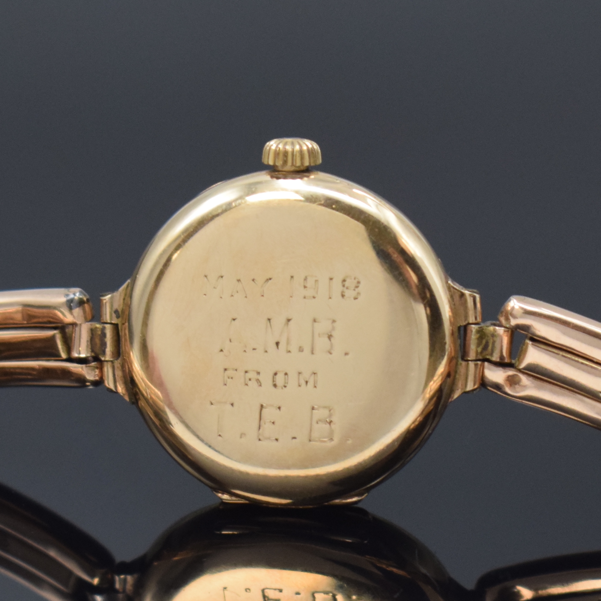 Detail c: ROLEX frühe Damenarmbanduhr in RG 375/000 am Goldband, Schweiz / England Hallmark Birmingham 1916, Handaufzug, glattes Scharniergeh. von Dennison m. ...