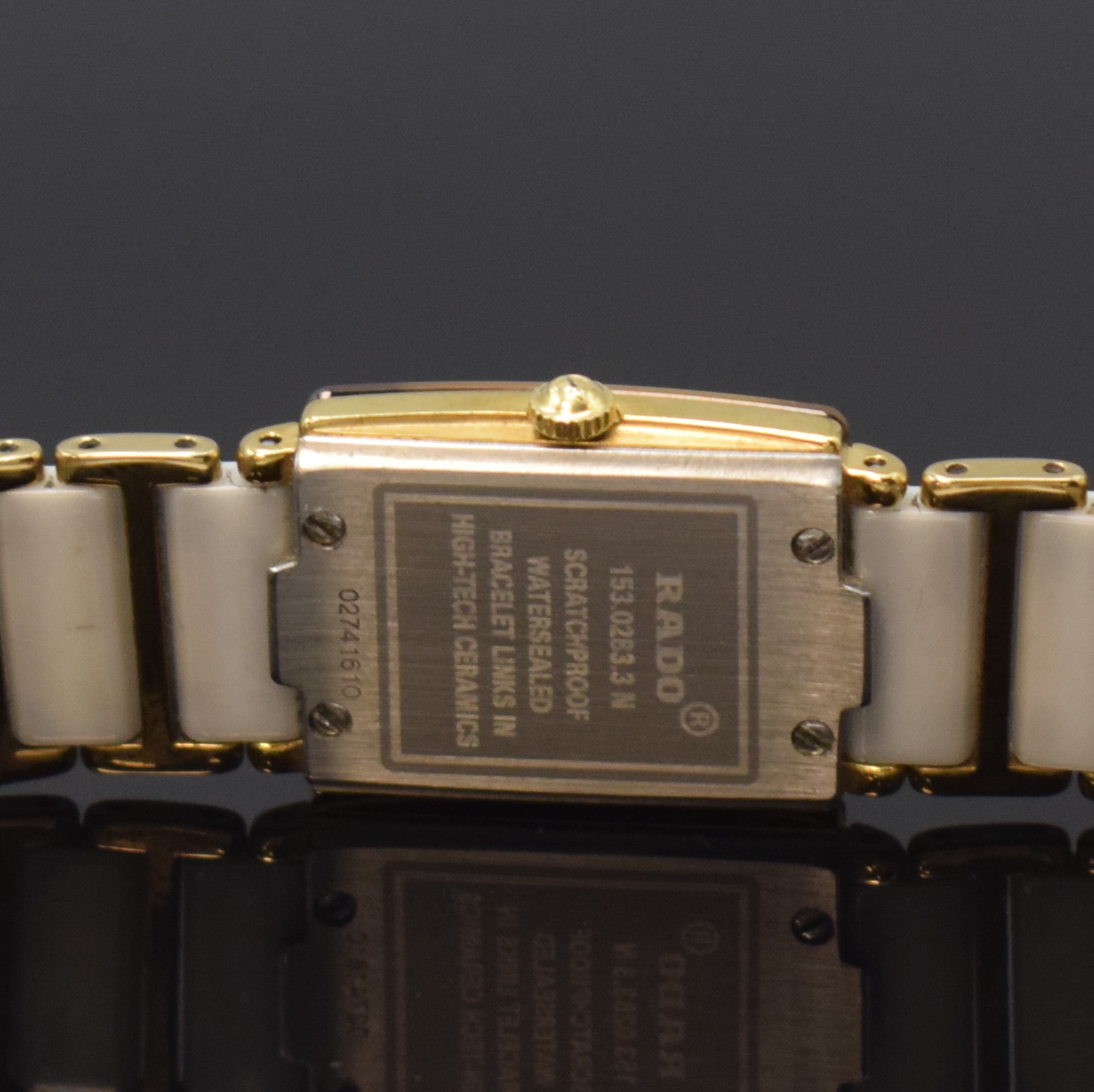 Detail d: RADO Diastar Damenarmbanduhr Keramik/vergoldet Referenz 153.0283.3N, Schweiz um 2000, quarz, vergold., rechteck. Geh. m. gebogenem Saphirglas, ...