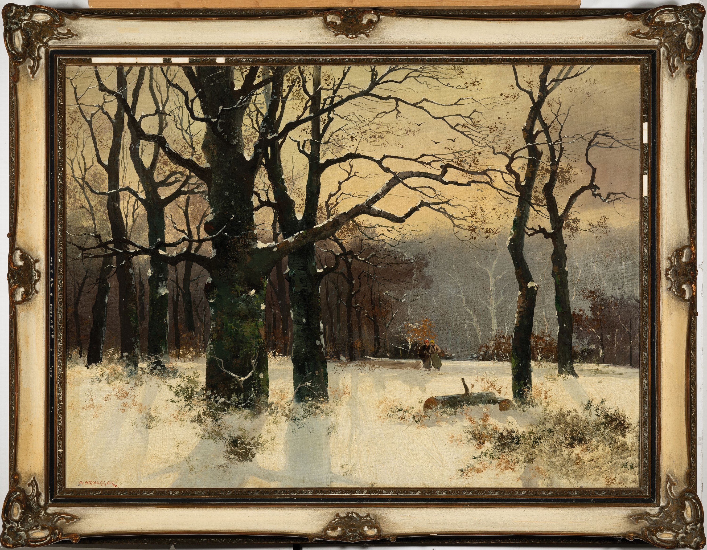 Detail k: Alois Arnegger, 1879-1963 Wien, Spaziergängerpaar im verschneiten Winterwald, Öl/Hartfaser, links unten signiert, ca. 75x 100cm, 9cm breiter ...