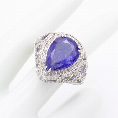 Image Ring mit Tansanit und Diamanten, 925er Silber, ornamentreiches Design, Tansanit- tropfen ...