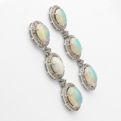 26858715a - Paar Ohrstecker mit Opalen und Diamanten, 925er Silber, 6 Opalcabochons m. schönem ...