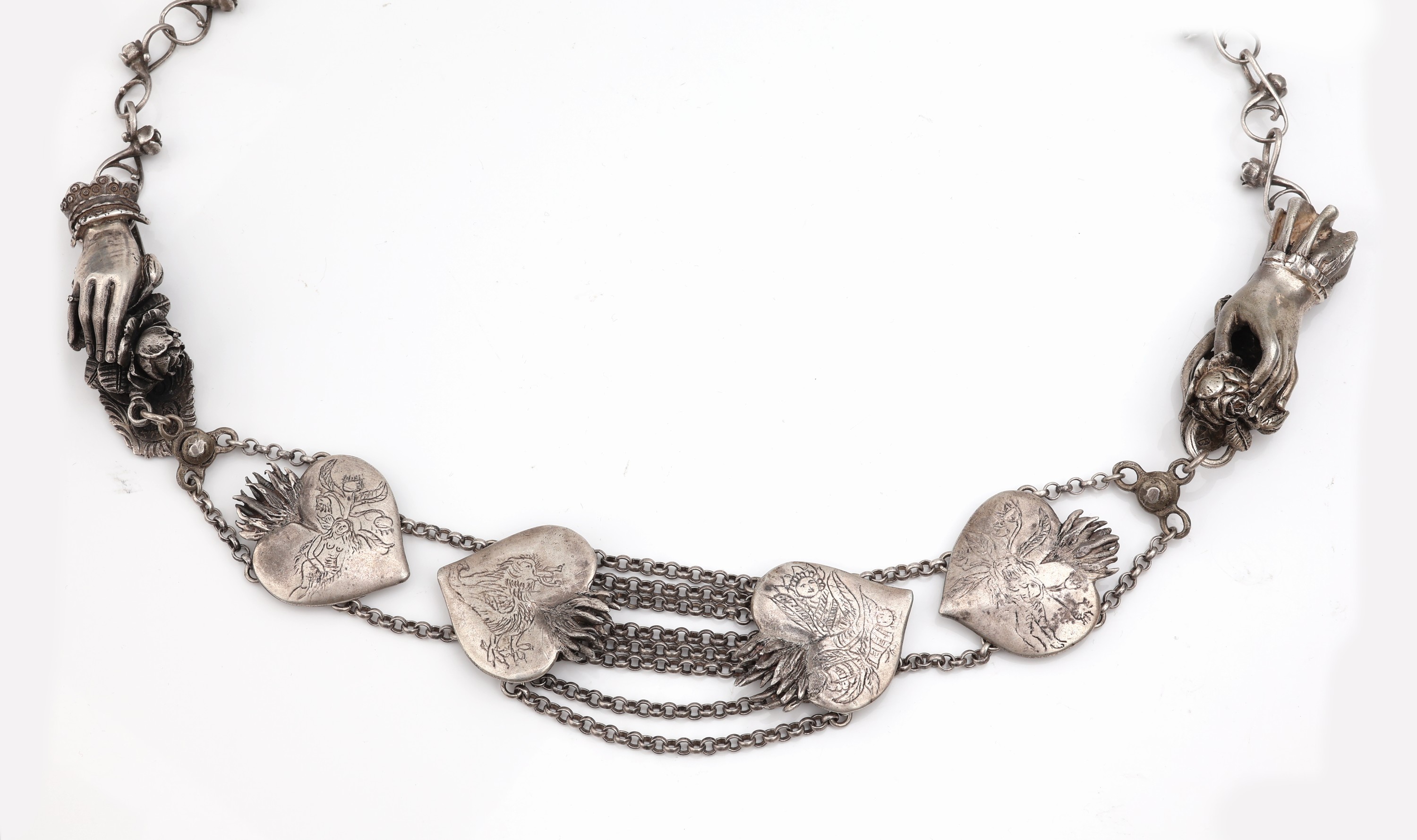 Hochzeitsgürtel, Russland/Moskau 1866, 84erSilber, Treuhand und flammende Herzen, Rosen, aufwendige Handarbeit, Herzen graviert, L. ca.77 cm, ...