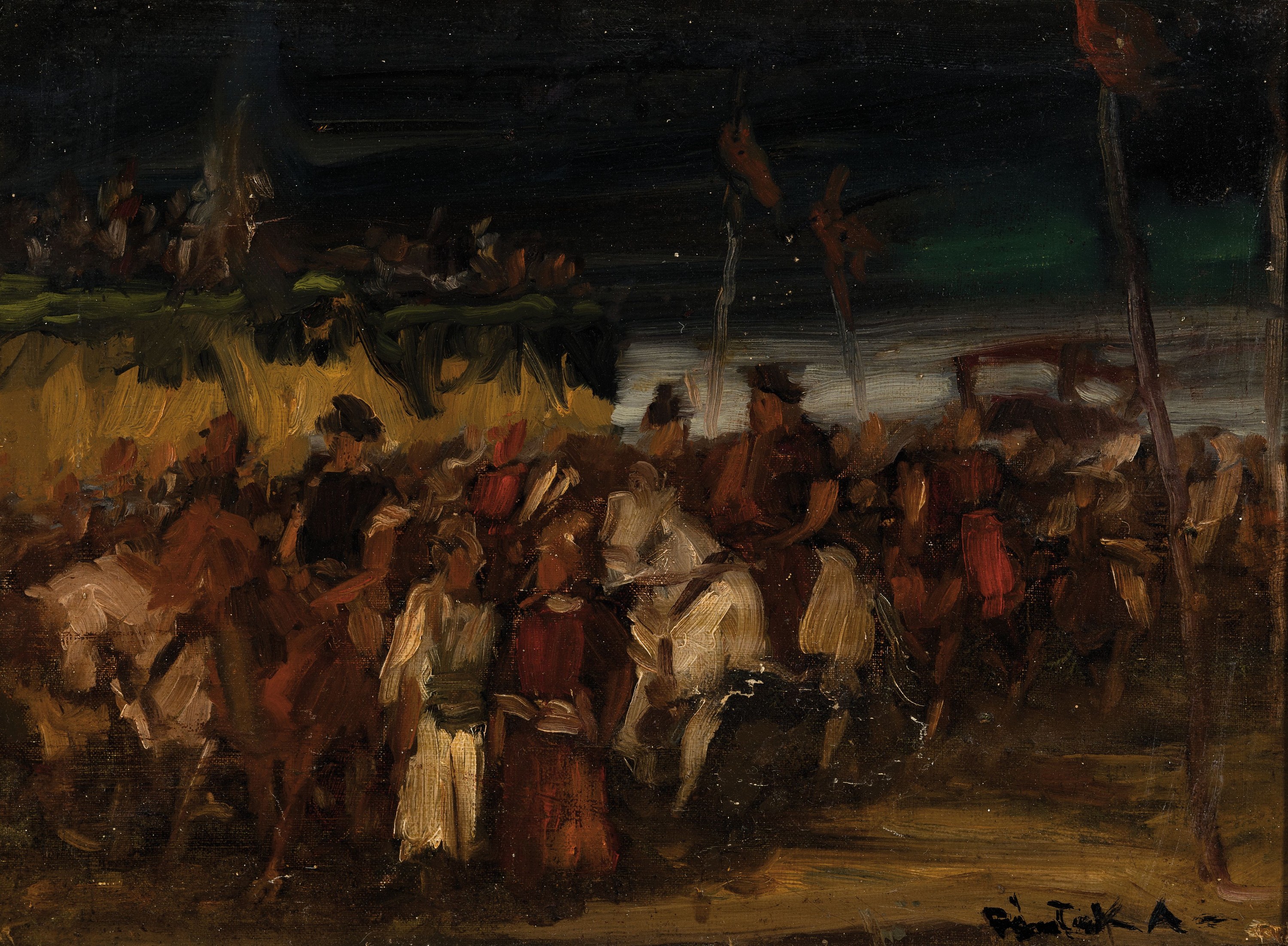Ungarischer Künstler, erste Hälfte, 20. Jh.,Reiterzug, Öl/Lwd, unleserlich signiert, ca. 30 x 40 cm, Alterssp.