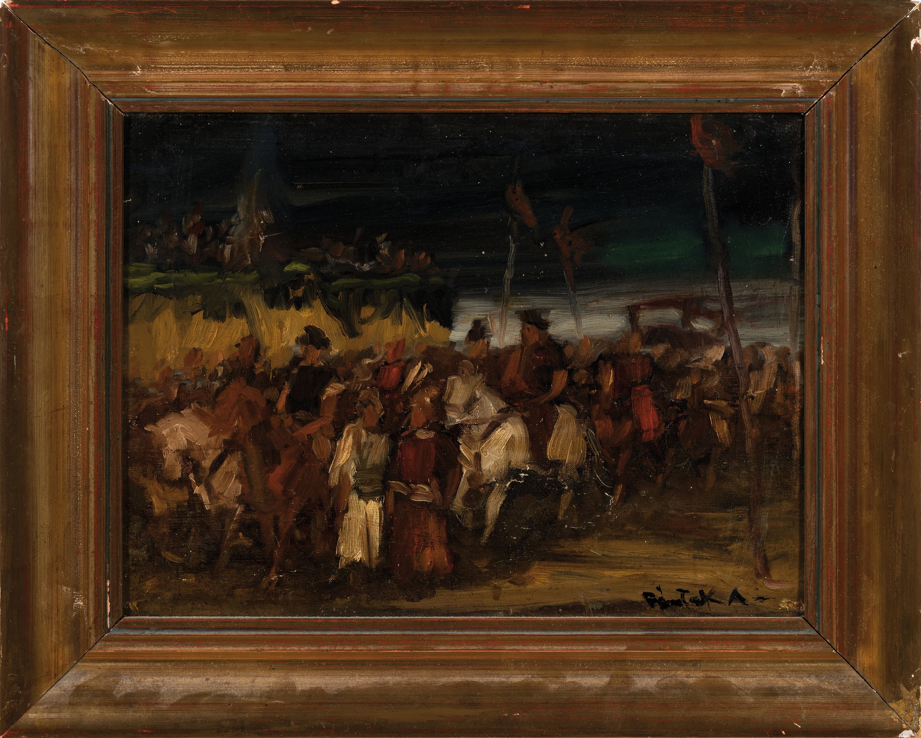 Detail k: Ungarischer Künstler, erste Hälfte, 20. Jh.,Reiterzug, Öl/Lwd, unleserlich signiert, ca. 30 x 40 cm, Alterssp.