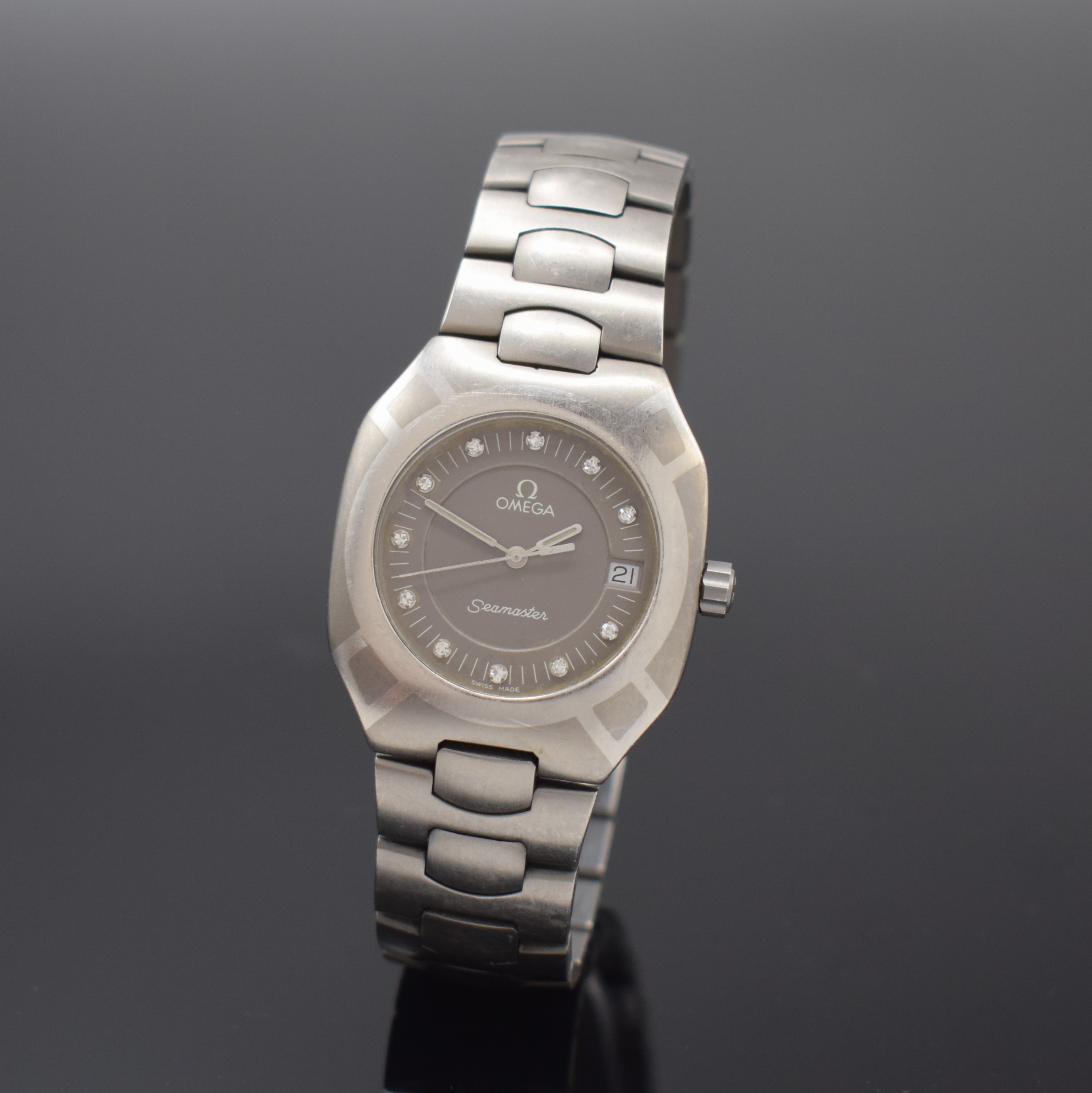 OMEGA Seamaster Polaris Armbanduhr in Titan mit Palladium Intarsie Referenz 196.0291/396.0981, Schweiz um 1985, quarz, Boden aufgedr., orig. ...