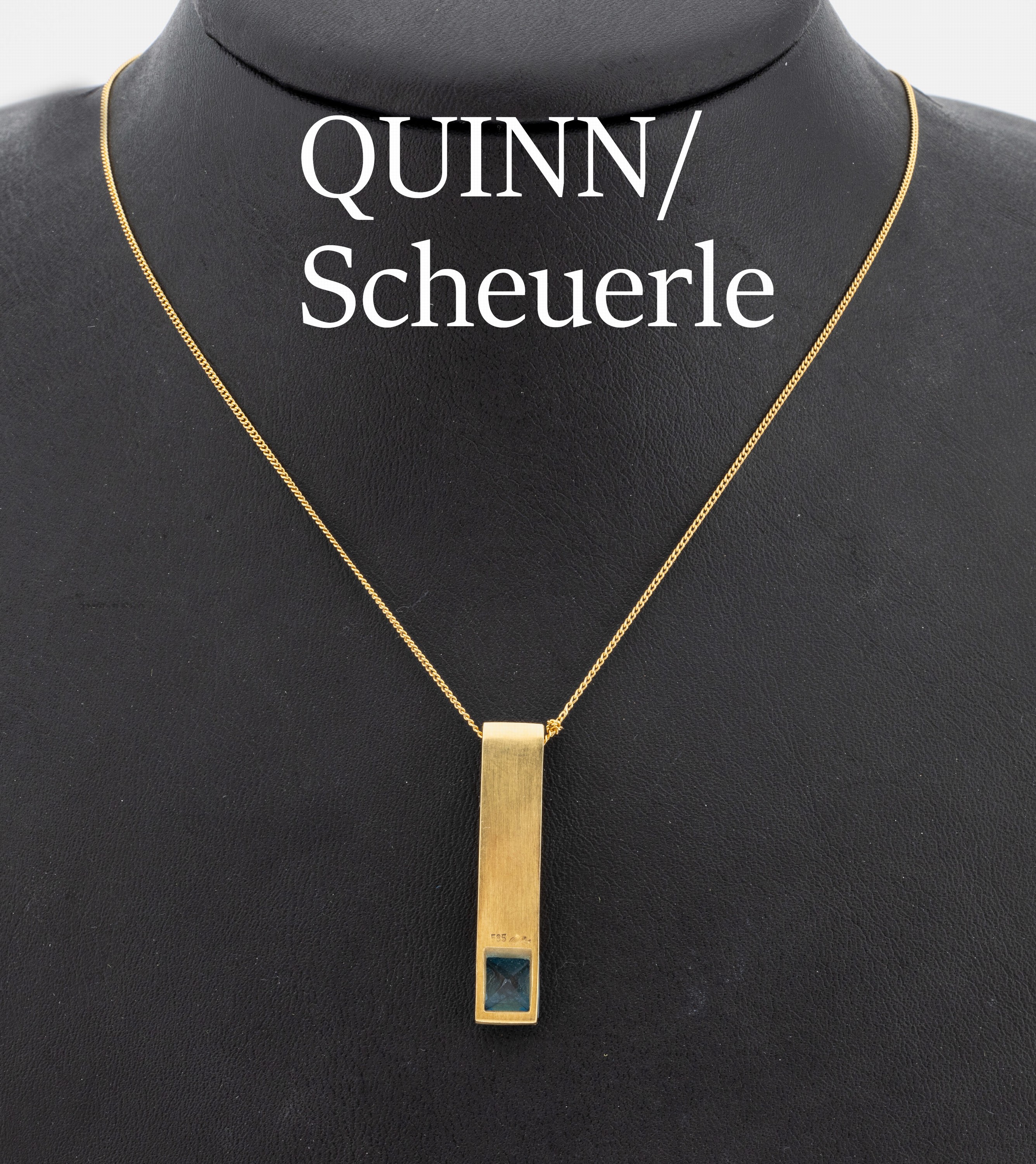 14 kt Gold Topas-Anhänger, QUINN/Scheuerle, GG 585/000, seidenmatt., 1 Topas-Carree ca. 1.0 ct, L. ca. 3.5 cm, an Kette 18 kt Gold, GG750/000, ca. ...