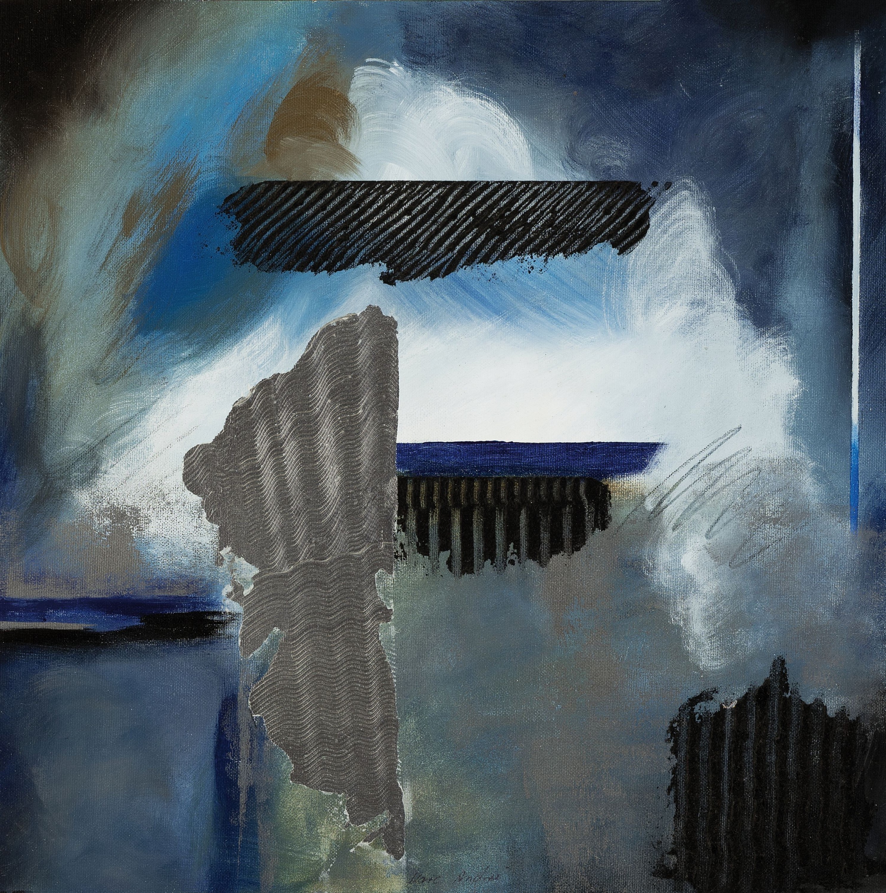 Marc André Ueberall, geb. 1976 Oberhausen, Abstrakte Komposition, Öl/Holzplatte, ca. 40x 40cm, auf dicker facettierter Glasplatte ca. 60x60cm ...
