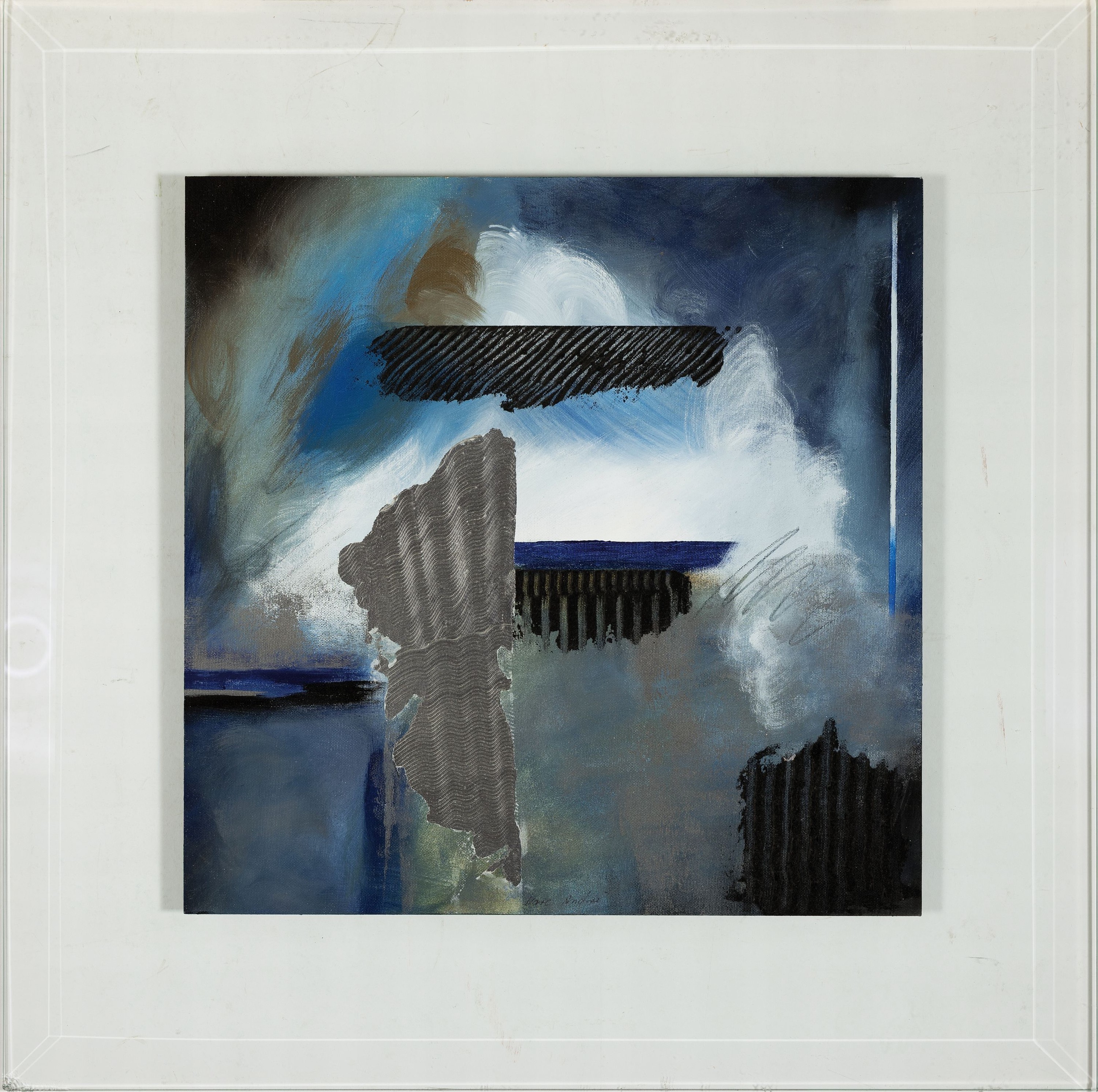 Detail k: Marc André Ueberall, geb. 1976 Oberhausen, Abstrakte Komposition, Öl/Holzplatte, ca. 40x 40cm, auf dicker facettierter Glasplatte ca. 60x60cm ...