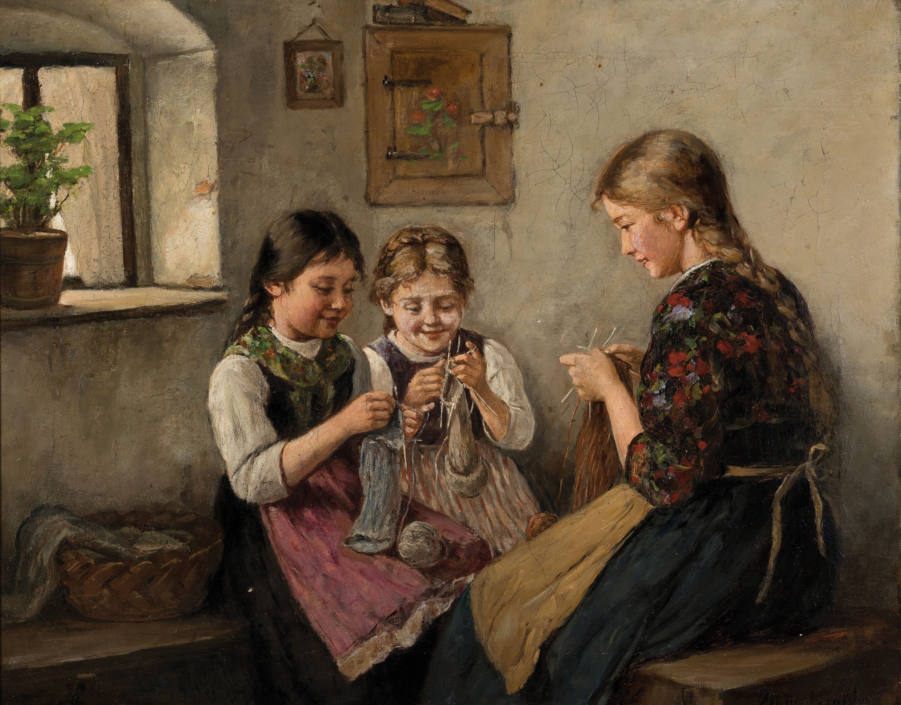Albert Müller-Lingke, 1844 Altenburg-1930 München, die große Schwester bringt den kleineren Schwestern das Stricken bei, Öl/Lwd, rechts unten ...