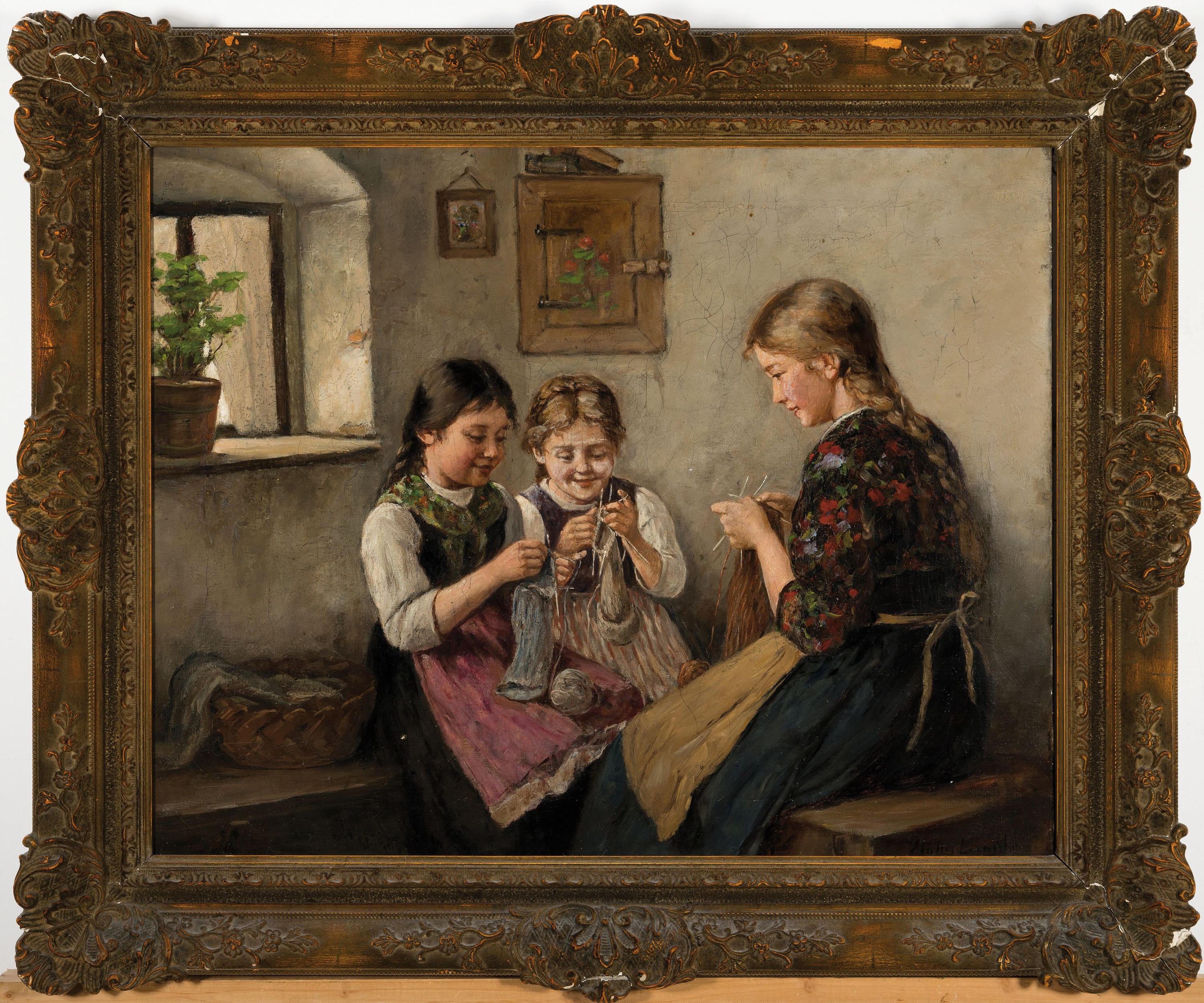 Detail k: Albert Müller-Lingke, 1844 Altenburg-1930 München, die große Schwester bringt den kleineren Schwestern das Stricken bei, Öl/Lwd, rechts unten ...
