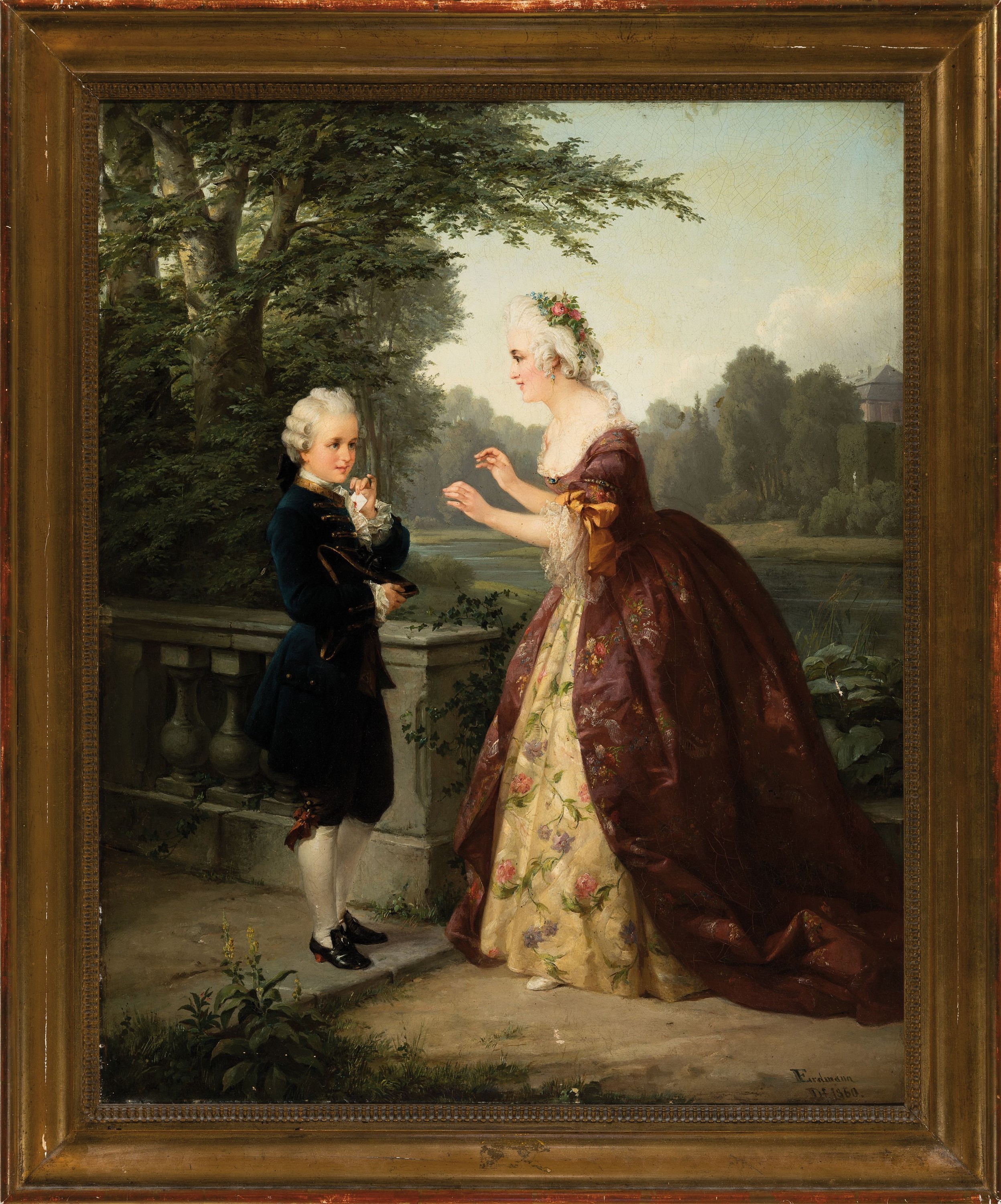 Detail k: Otto Wilhelm Eduard Erdmann, 1834 Leipzig-1905Düsseldorf, Page überbringt einen Brief einer Rokokodame in Parklandschaft, Öl/Lwd, rechts unten ...