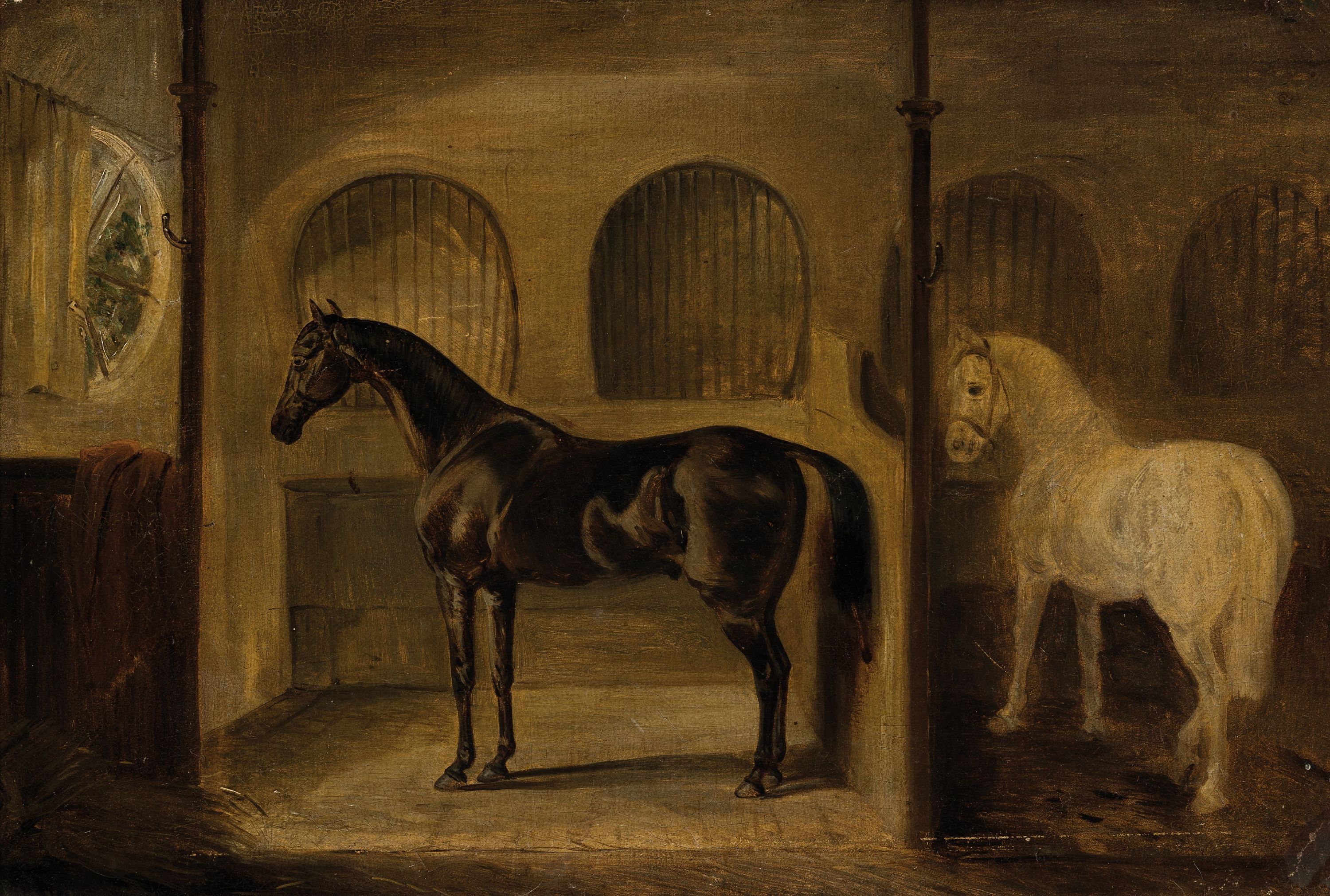Unbekannter Künstler, um 1900, zwei Pferde im Stall, Öl/Malkarton, rest., ca. 28x40cm, R. ca. 42x55cm
